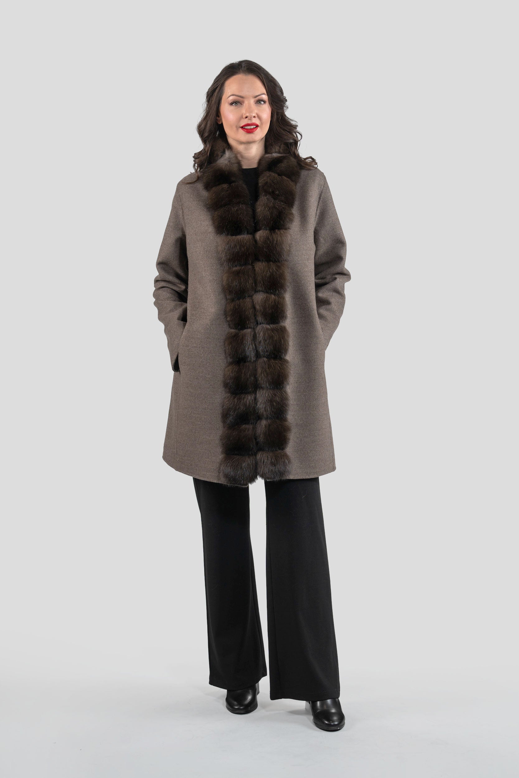 Grey Brown Cashmere Half Coat with Russian Sable Trim 21C6080