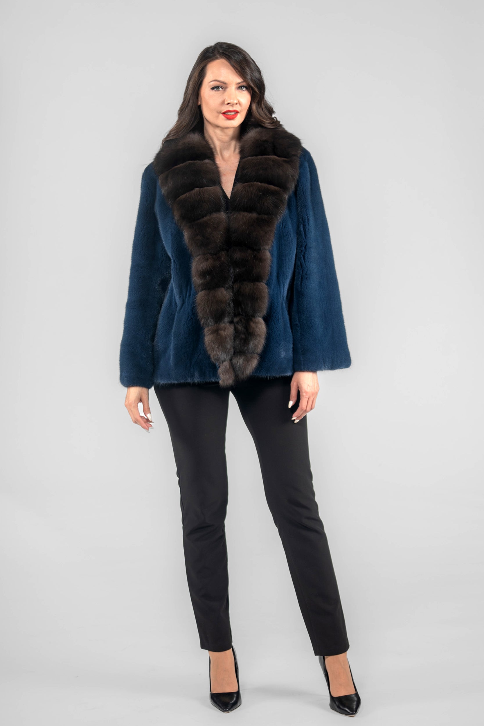 Blue Jean Mink Jacket with Extended Russian Sable Shawl Collar L/O19C123