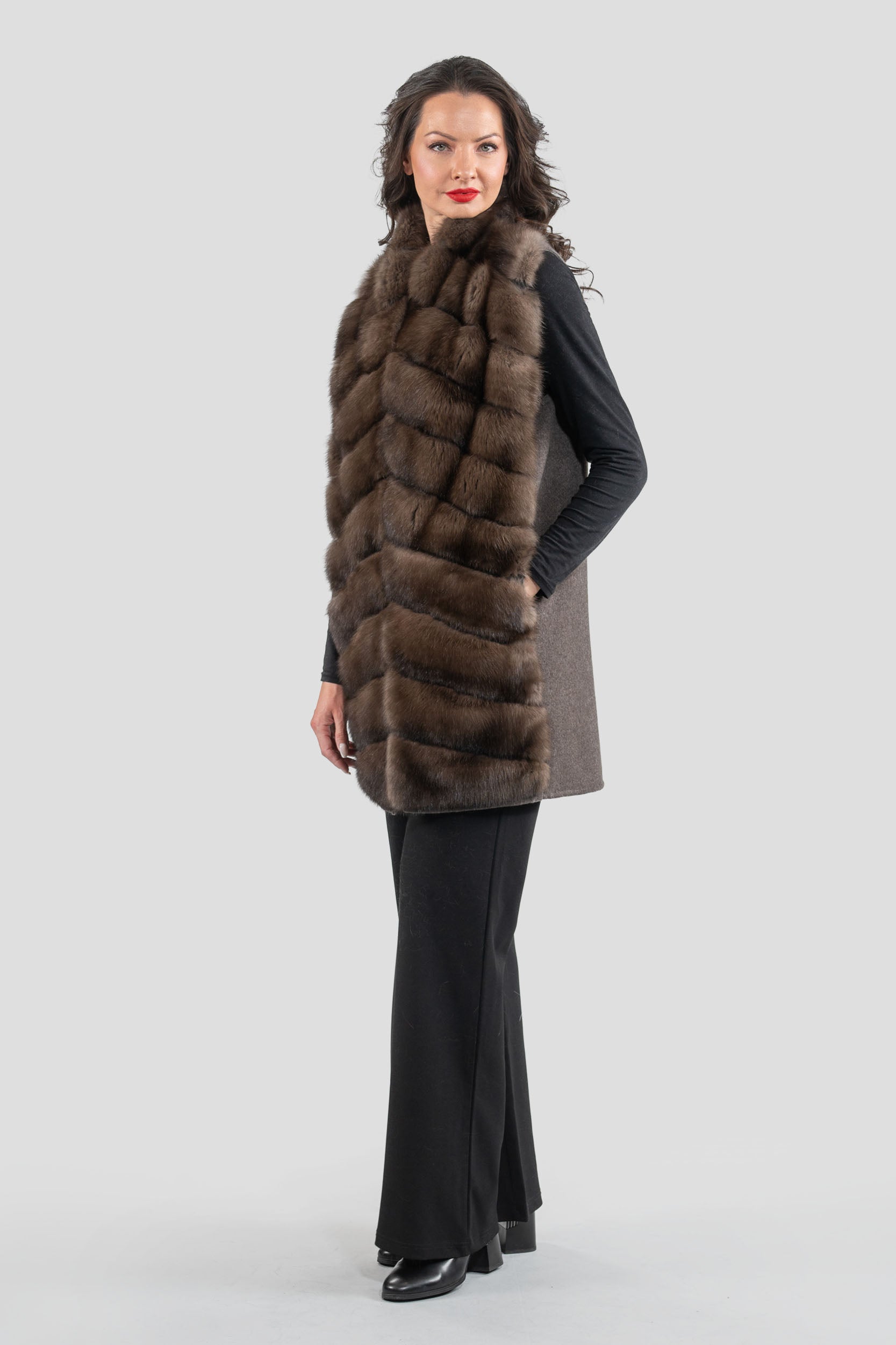 Brown Cashmere Vest with Russian Sable Trim 17C8003