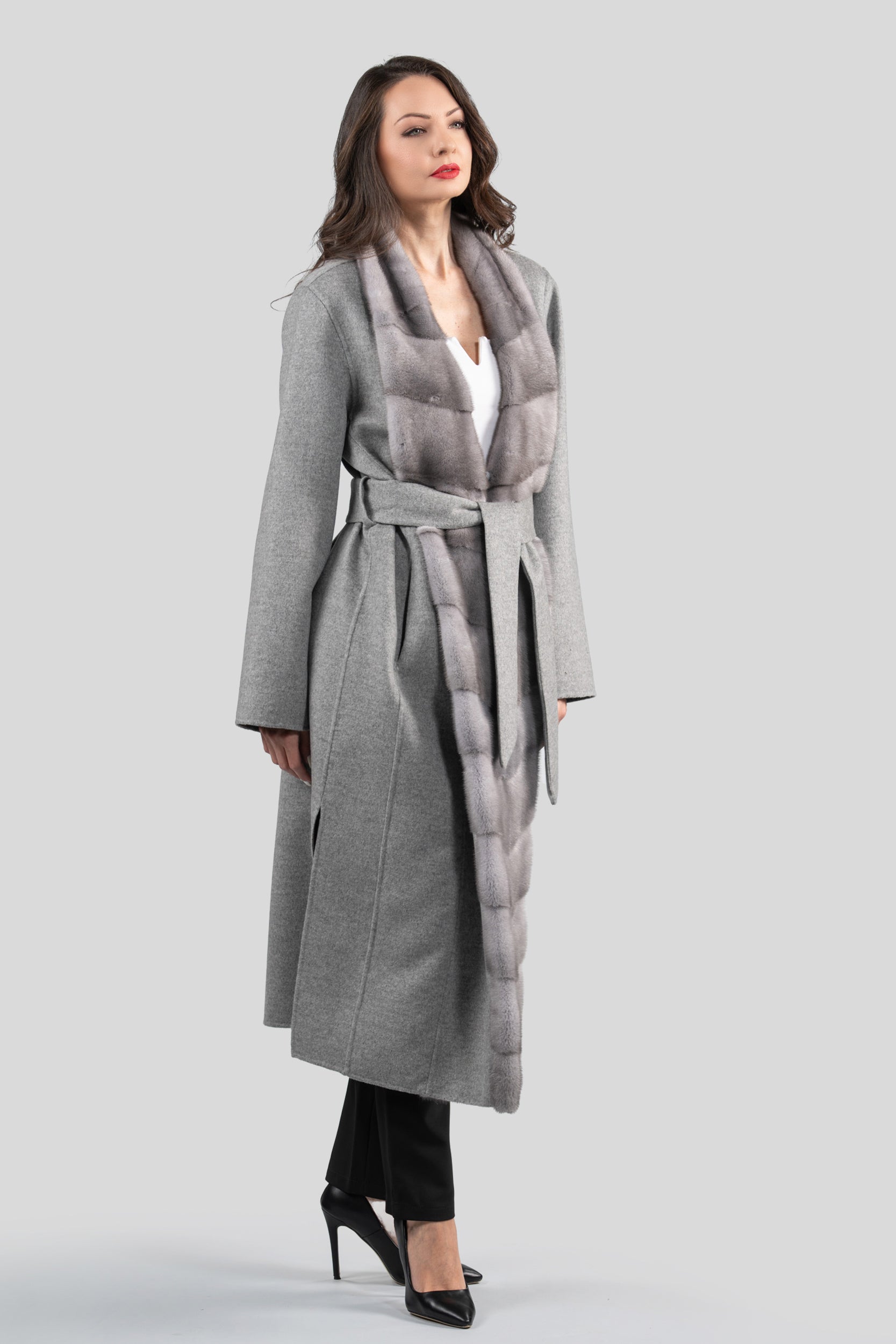 Gray Cashmere Coat with Mink Trim 21C3321