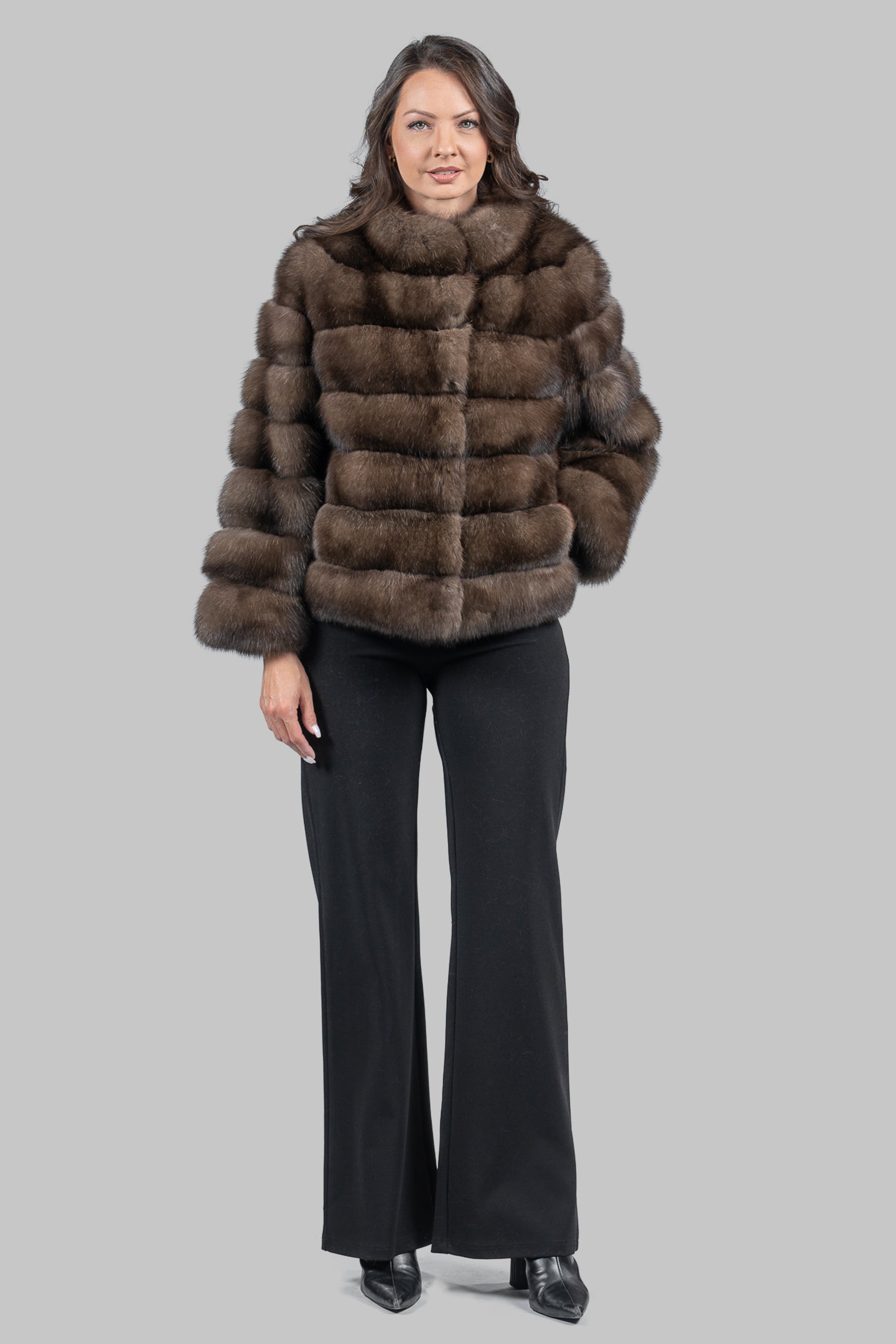 Graphite Russian Sable Cropped Jacket with Stand Collar P/K13C528