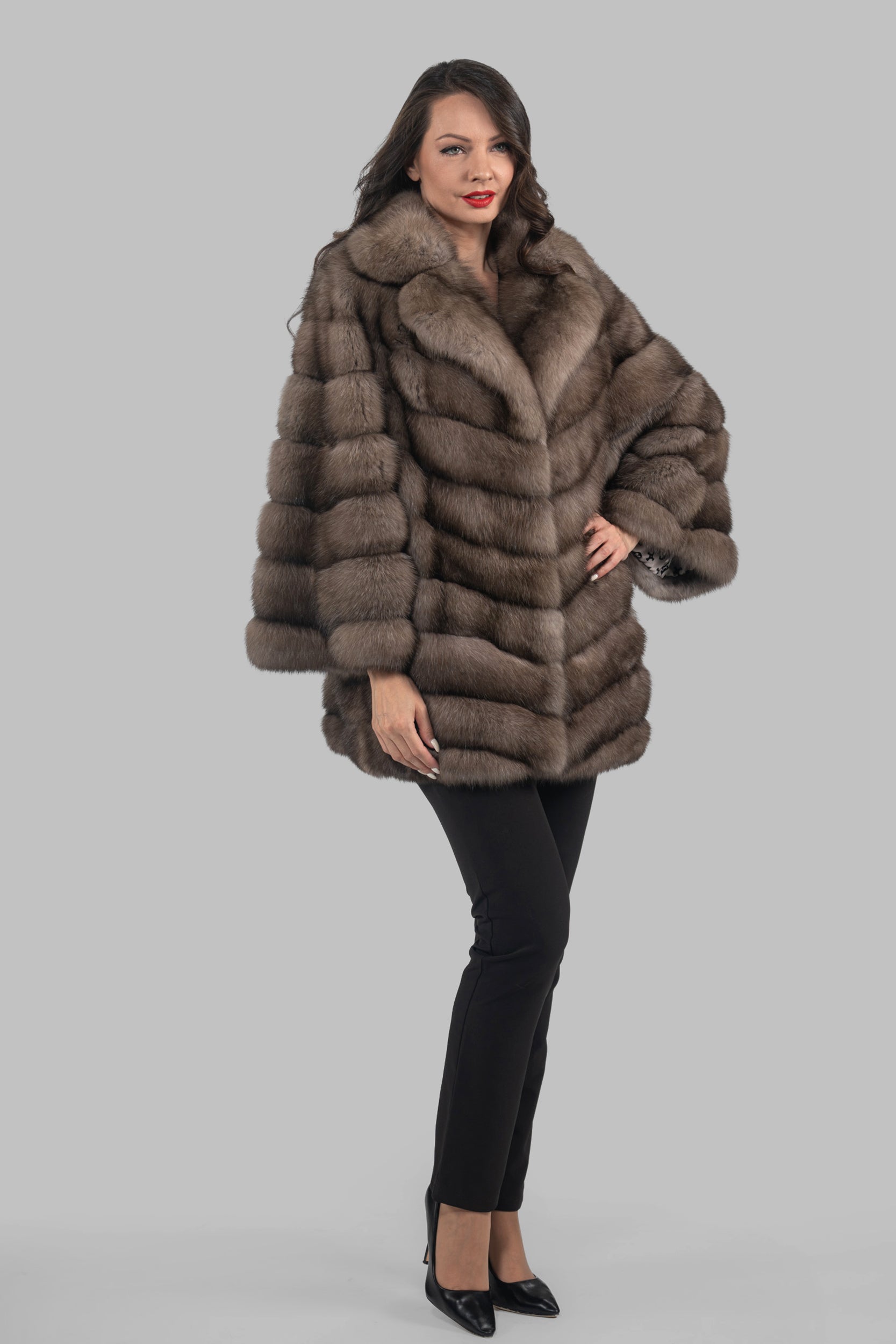 Graphite Russian Sable Half Coat with Notch Collar V/K14M475S20