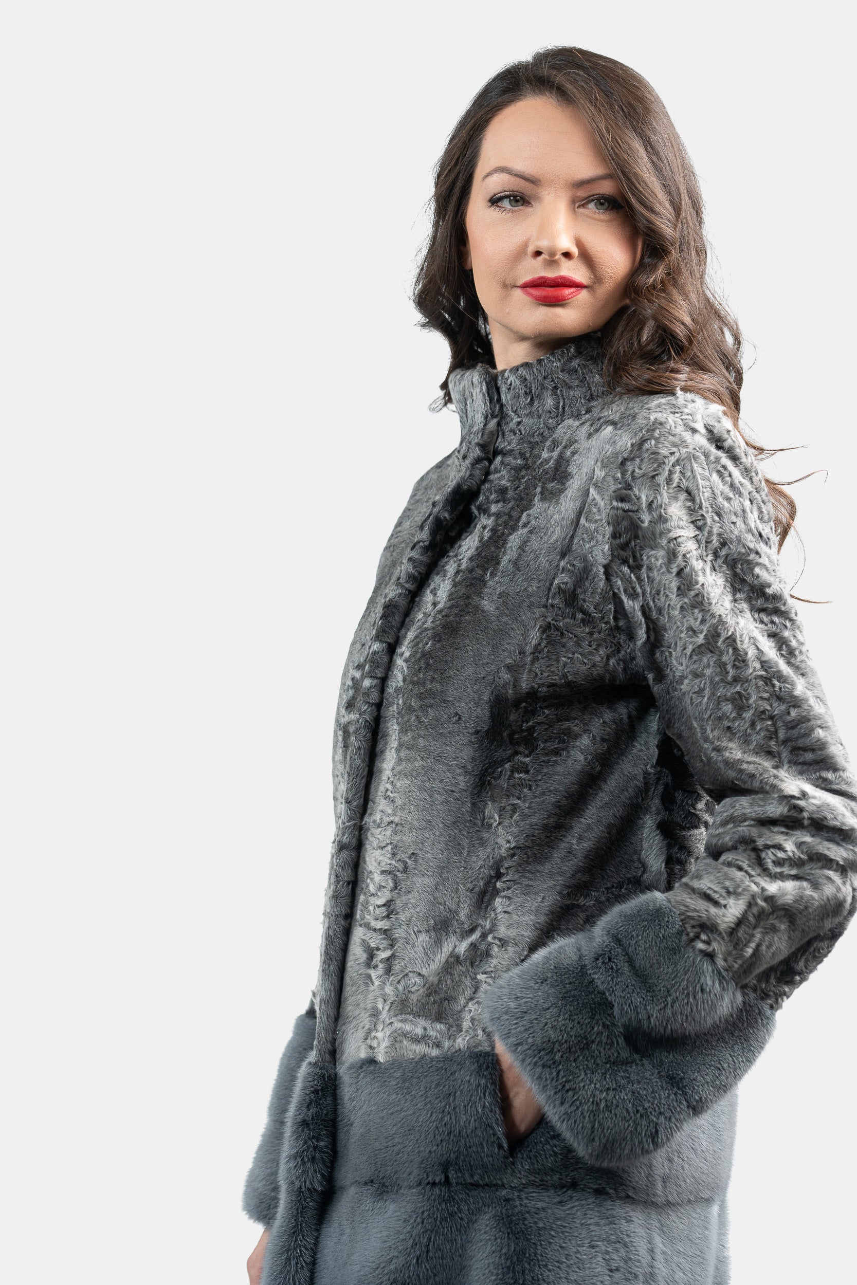 Gray Swakara Half Coat with Mink Trimmed Hem S/SR/K21999