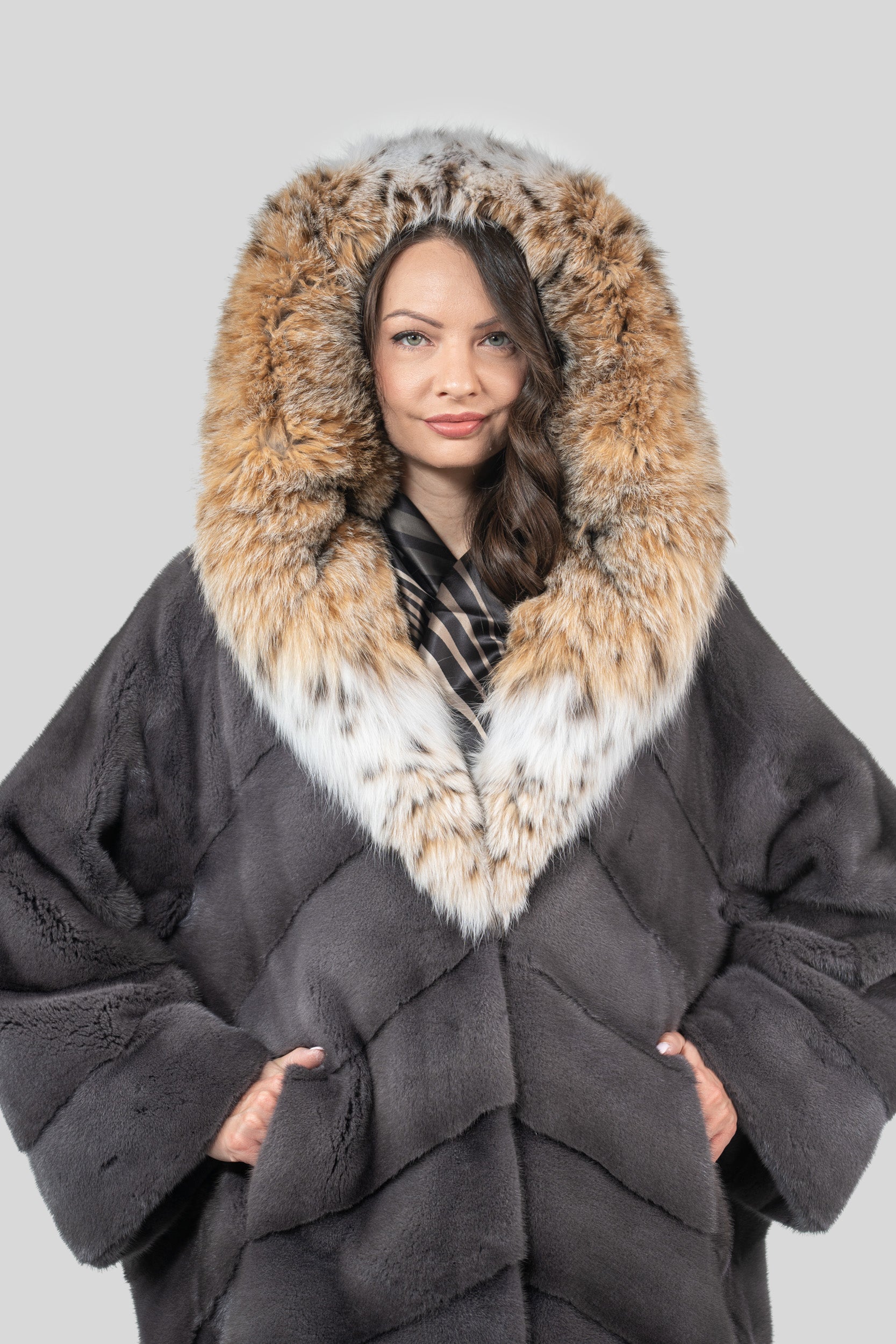 Grey Moon Mink Coat with Bobcat Hood A/K13C850