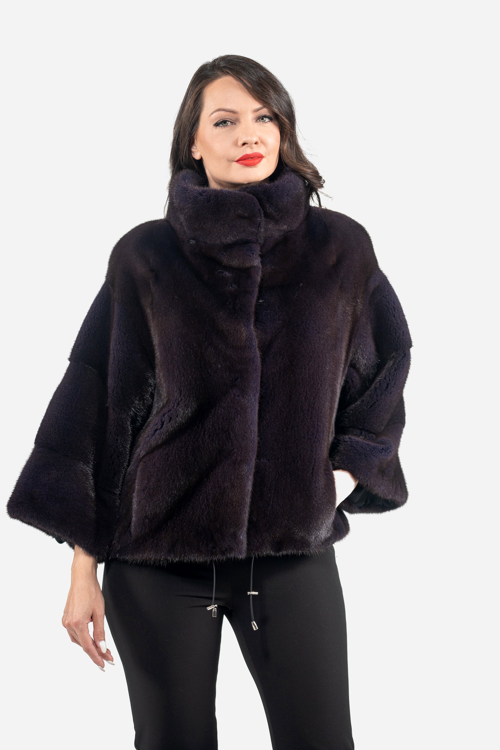 Aubergine Mink Jacket with Stand Collar and Short Sleeves L/O13C138