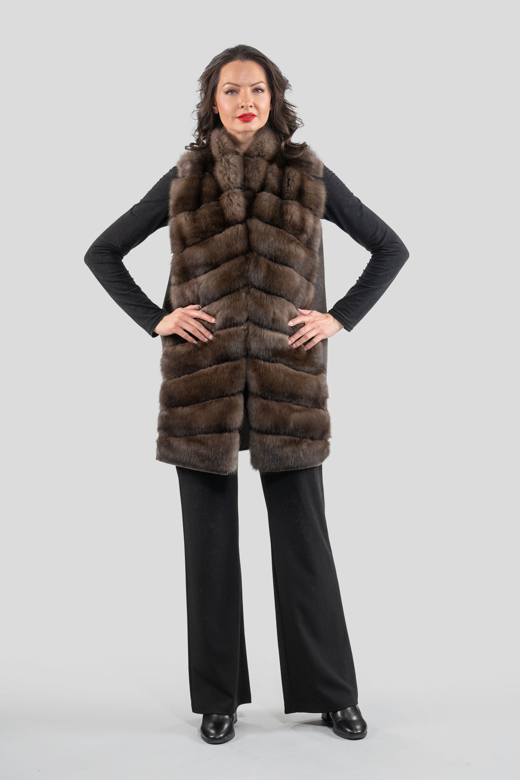 Brown Cashmere Vest with Russian Sable Trim 17C8003