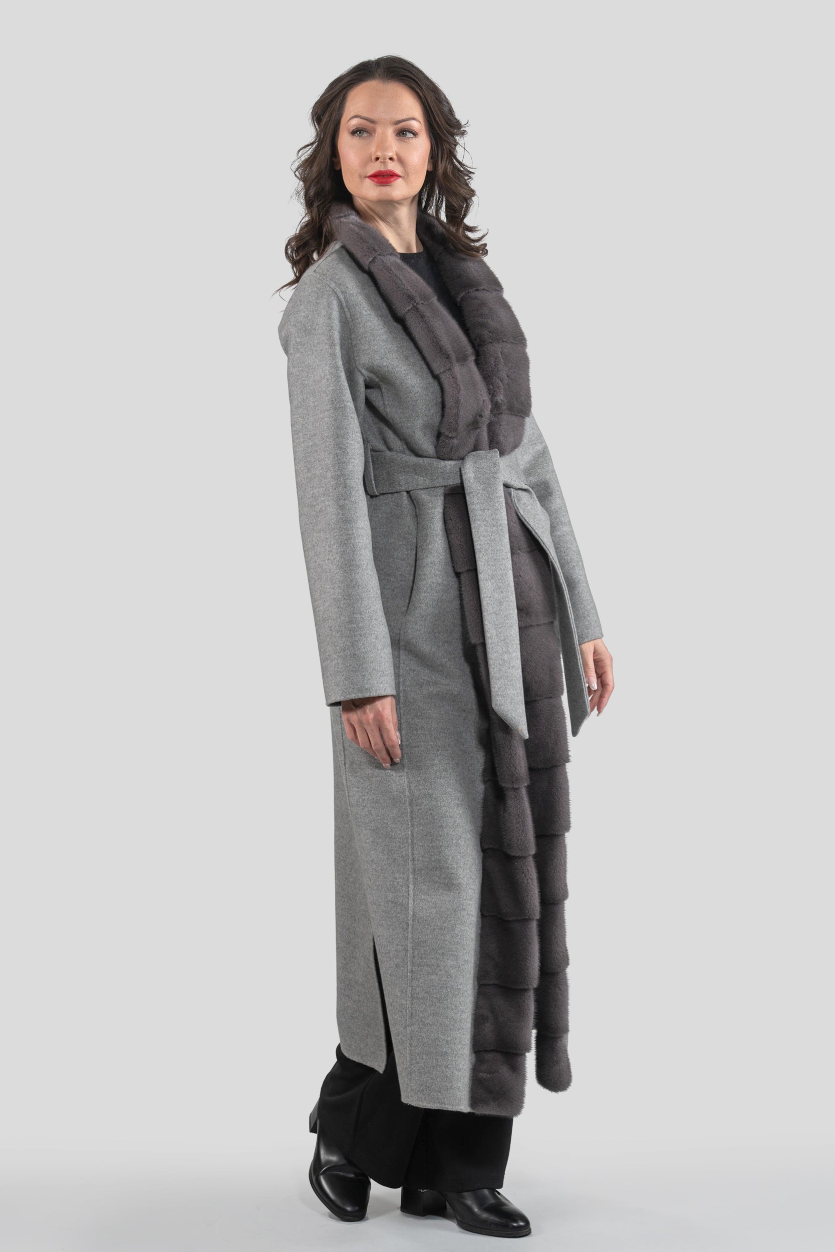 Grey Brown Cashmere Coat with Mink Trim 21C6080