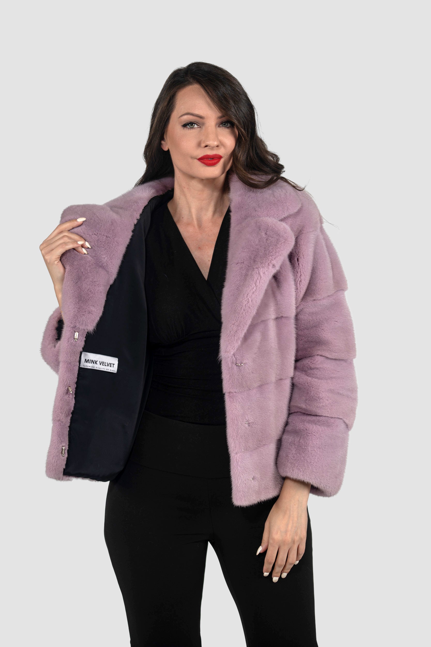 Powder Pink Mink Jacket with Notch Collar P/K13C528S20