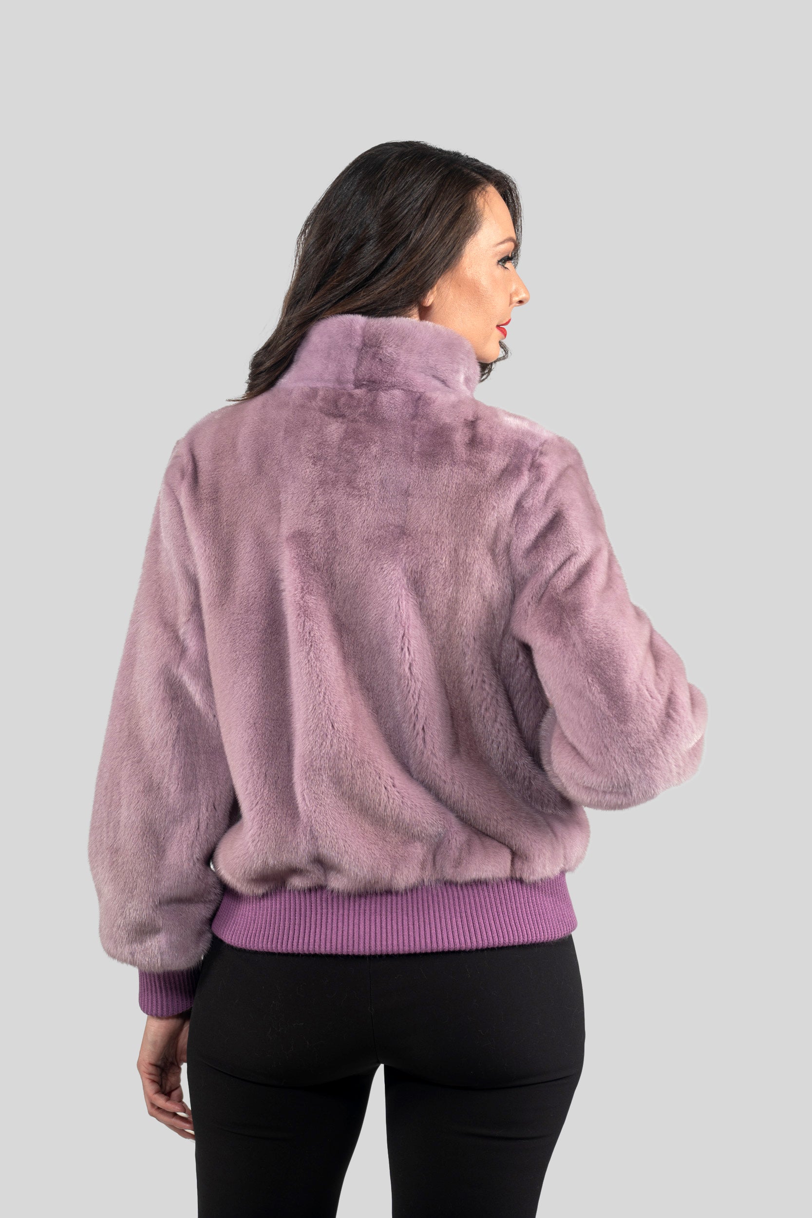 Dark Violet Mink Bomber Jacket with Stand Collar L/O13C224