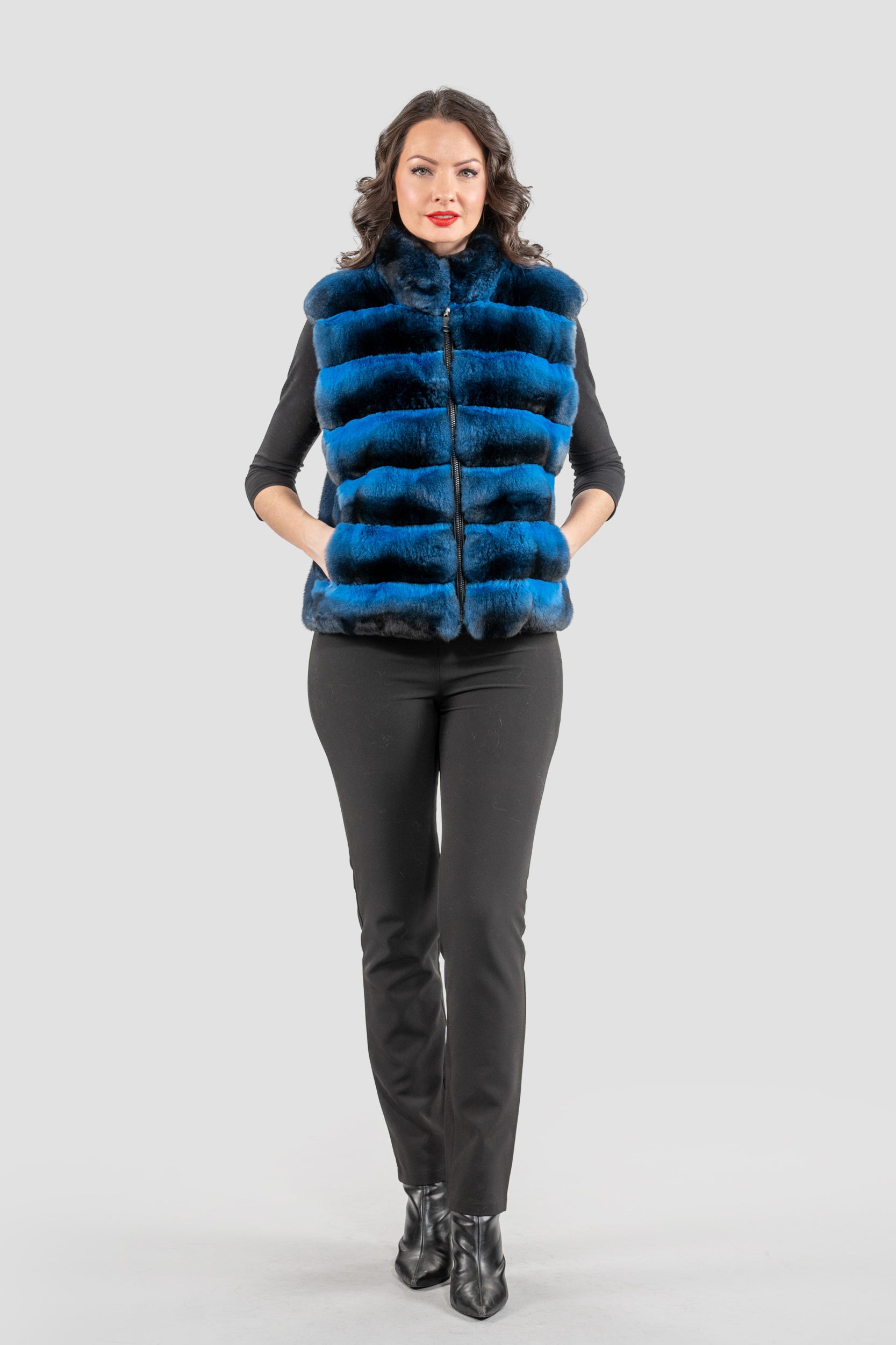 Bluejean Chinchilla Fur Vest with Stand Collar and Mink Trim P/K2201