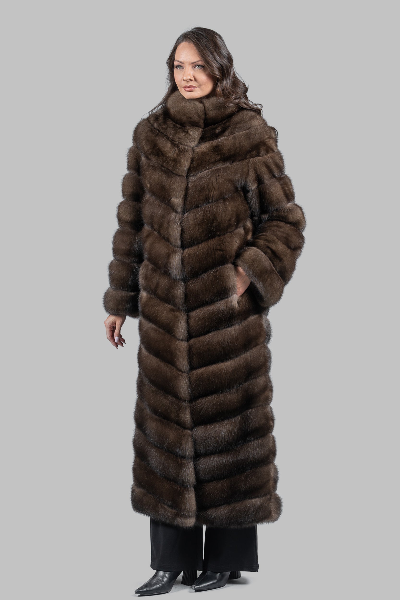 Graphite Sable Long Coat with Stand Collar V/K13C530