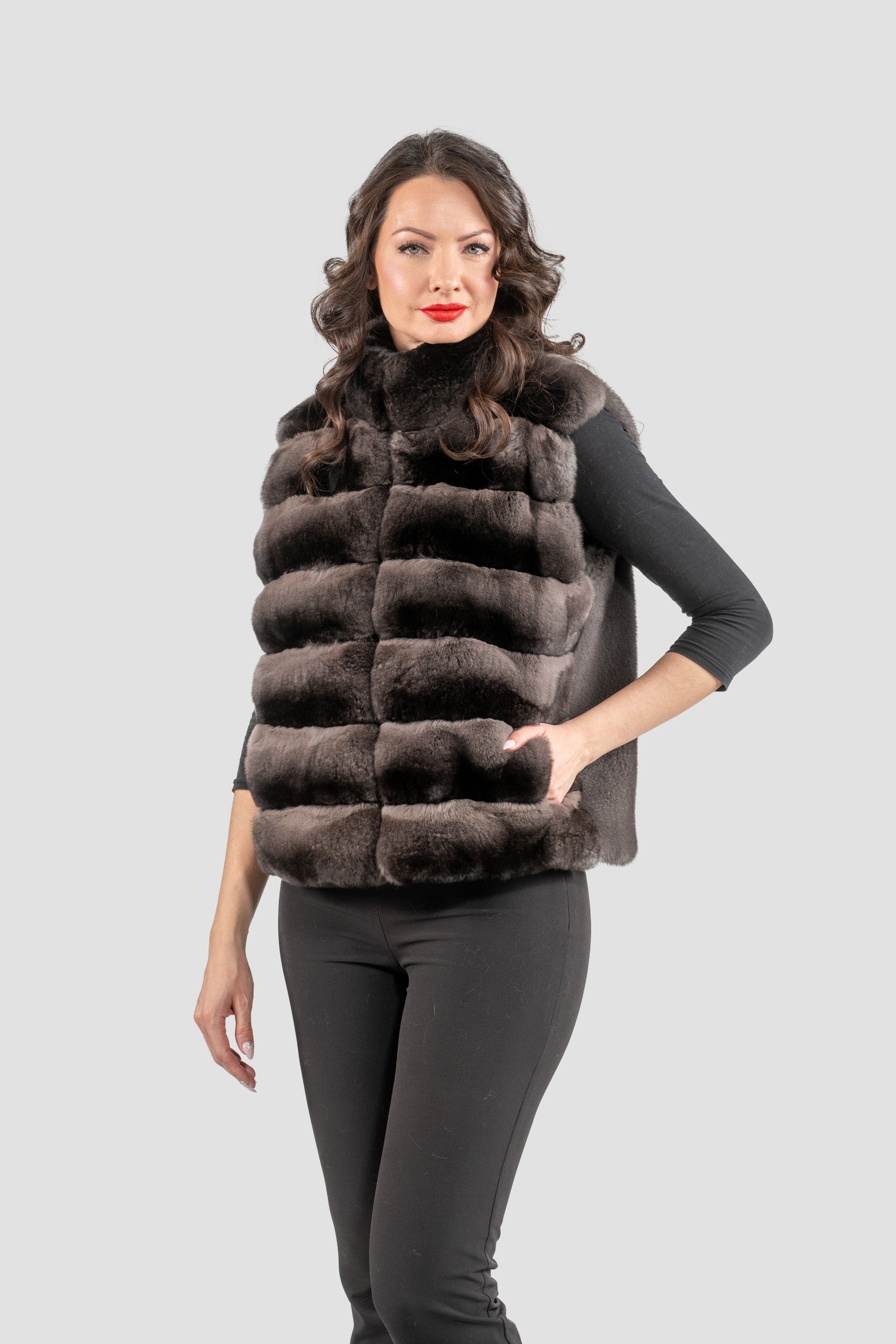 Smokey Chinchilla Fur Vest with Stand Collar and Mink Trim P/K2201