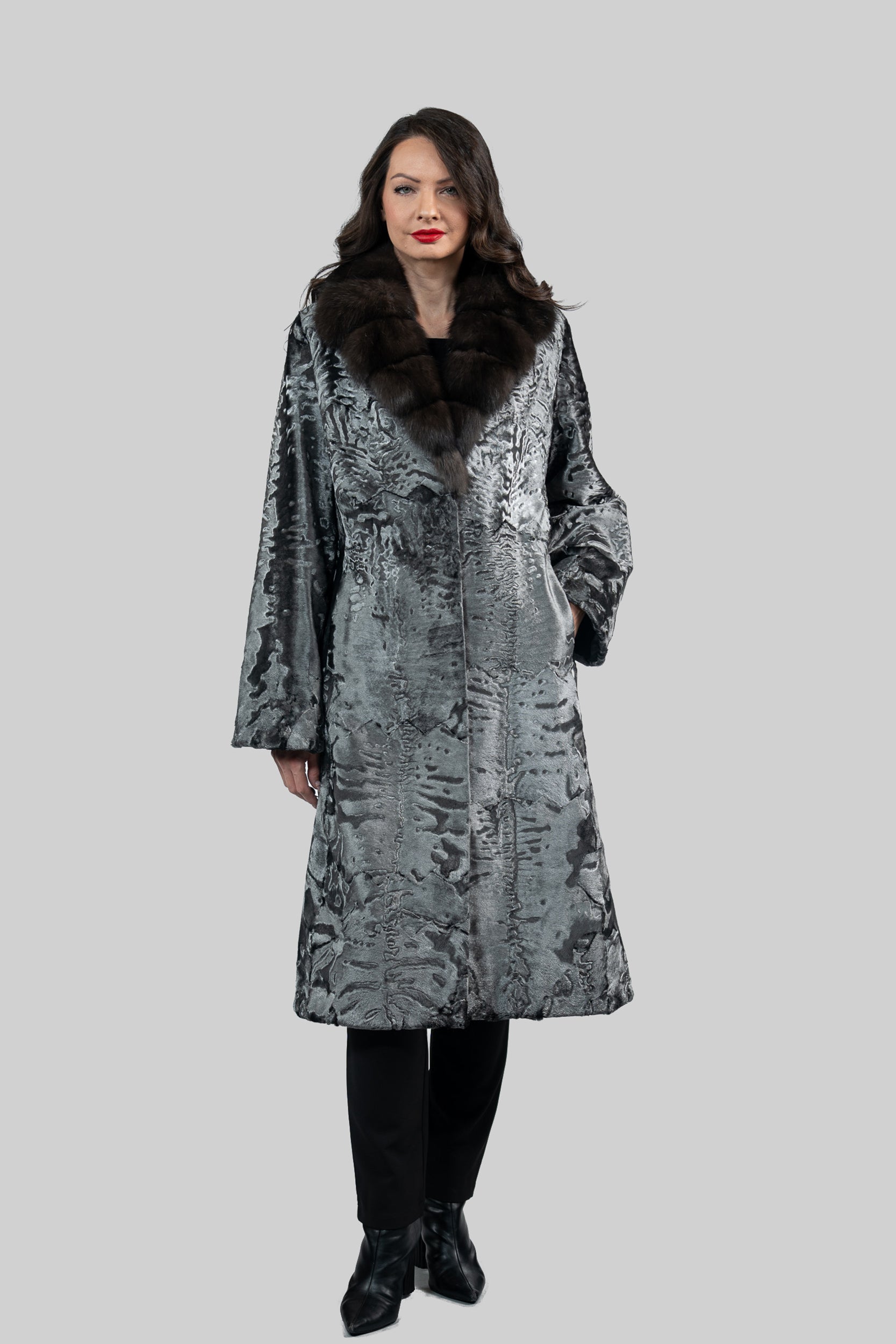 Shadow Grey Swakara Coat with Russian Sable Notch Collar S/S13C976