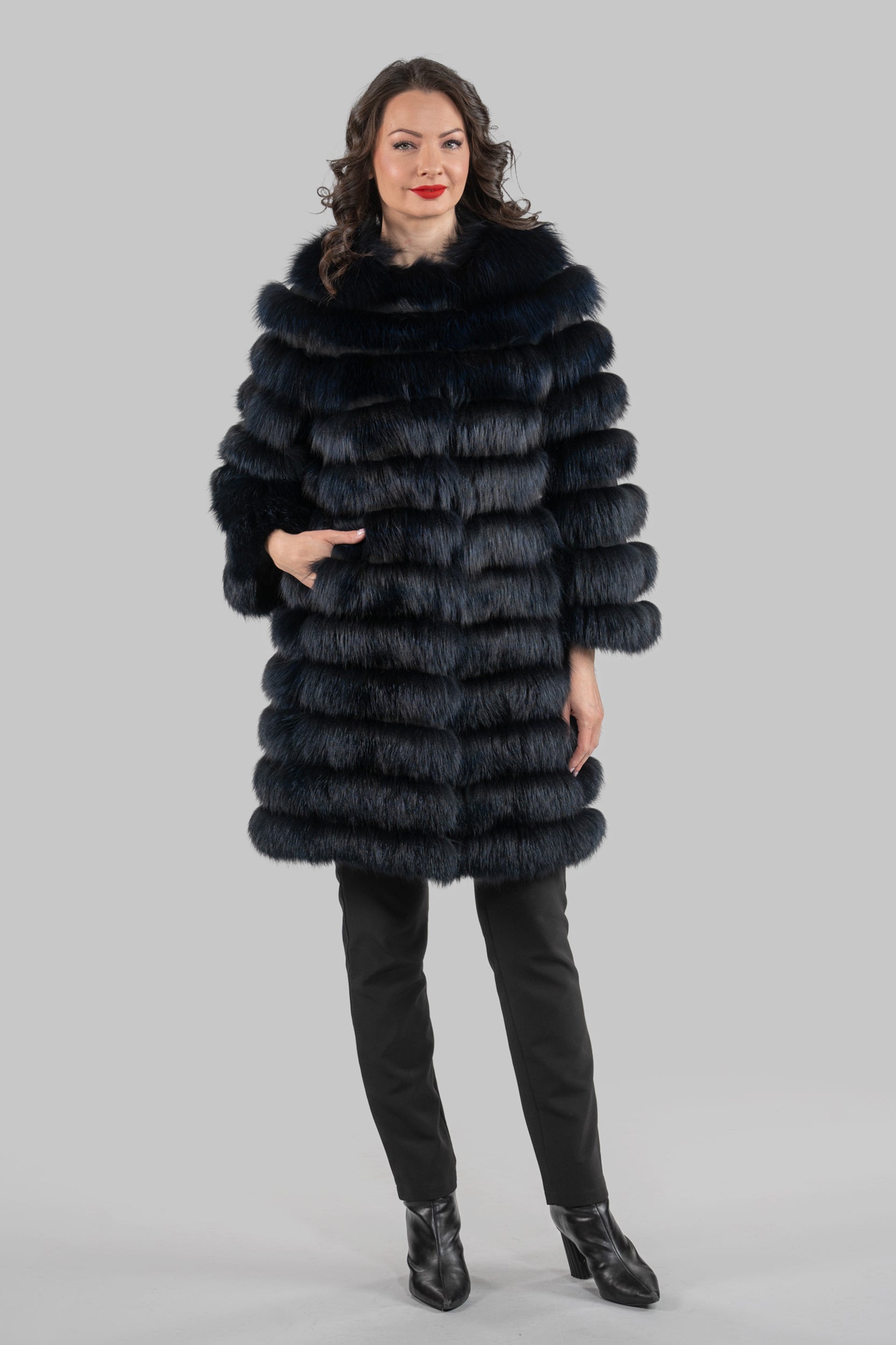 Blue Black Fox Collarless Half Coat R/K13C520