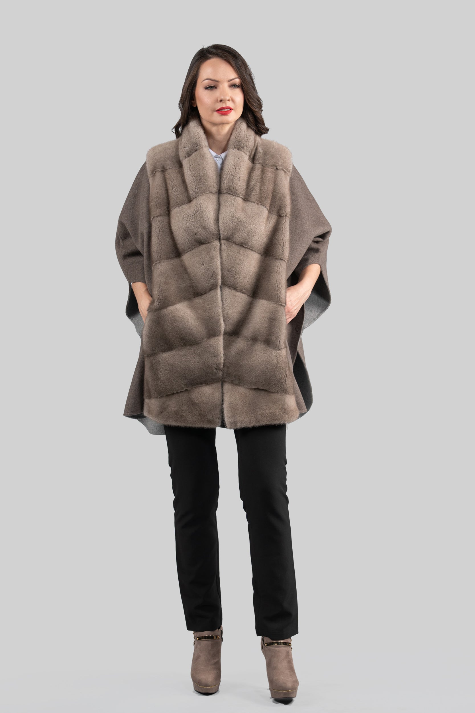 Brown Grey Cashmere Cape with Mink Trim 18M950