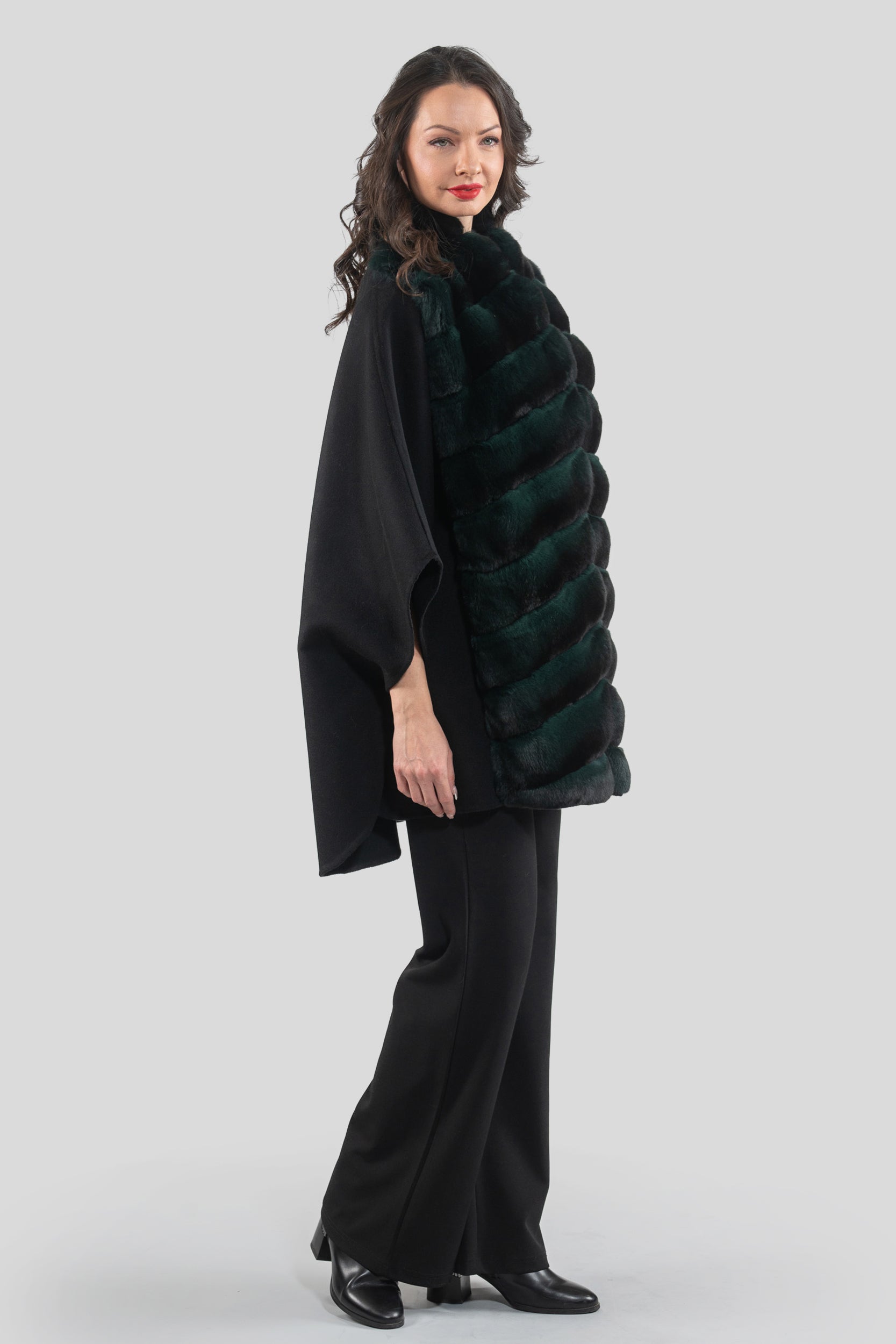 Black Cashmere Cape with Green Chinchilla Trim 18M950