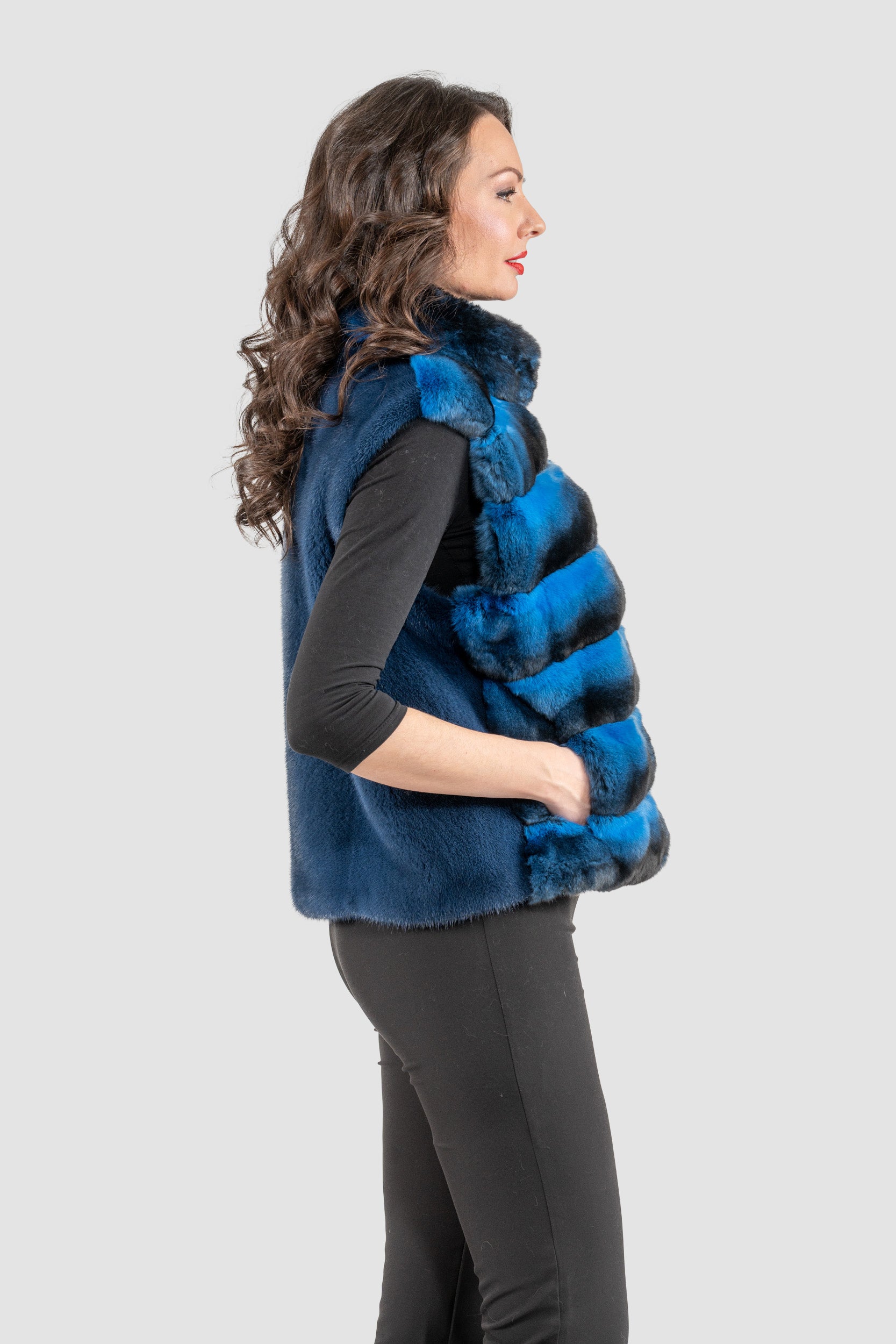 Bluejean Chinchilla Fur Vest with Stand Collar and Mink Trim P/K2201
