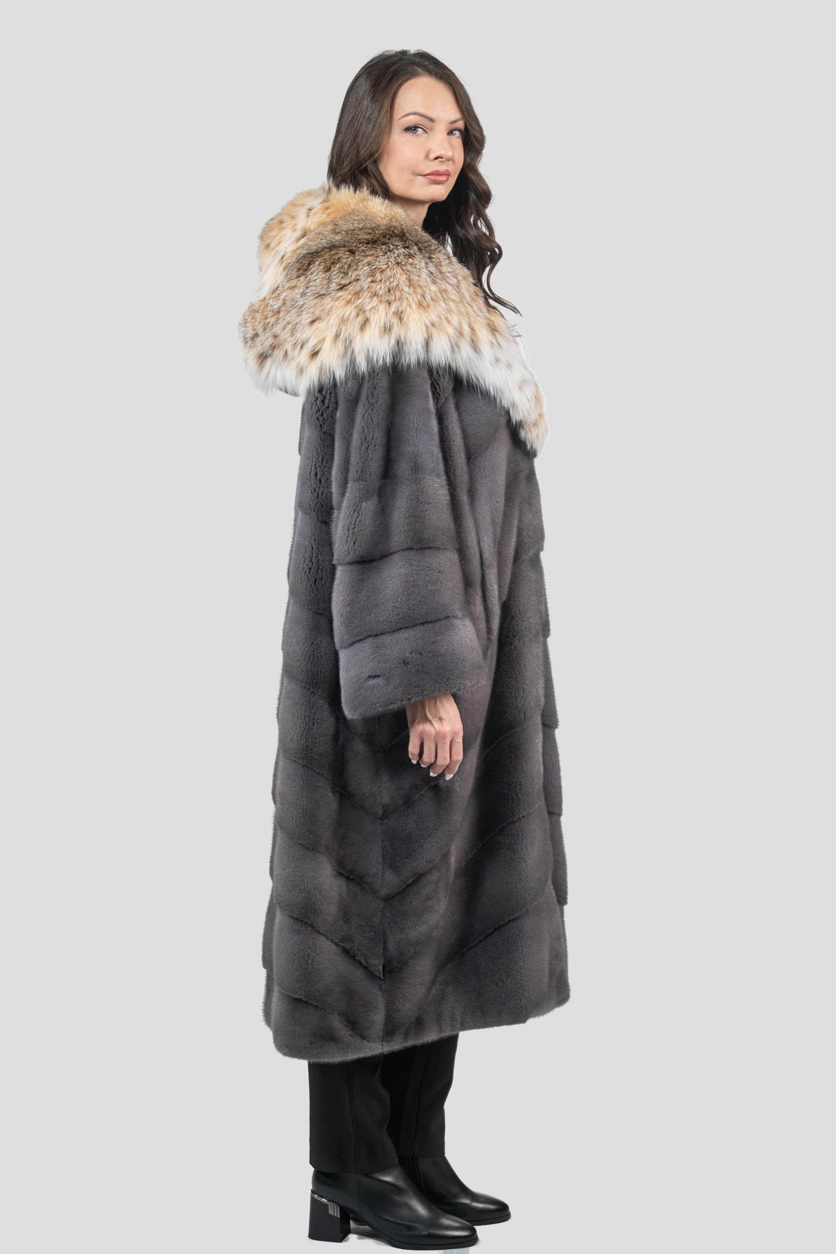 Grey Moon Mink Coat with Bobcat Hood A/K13C850