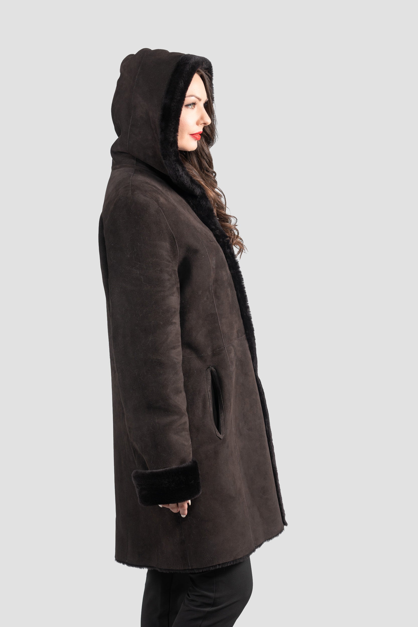 Hooded Brown Half Coat In Spanish Merino 207H