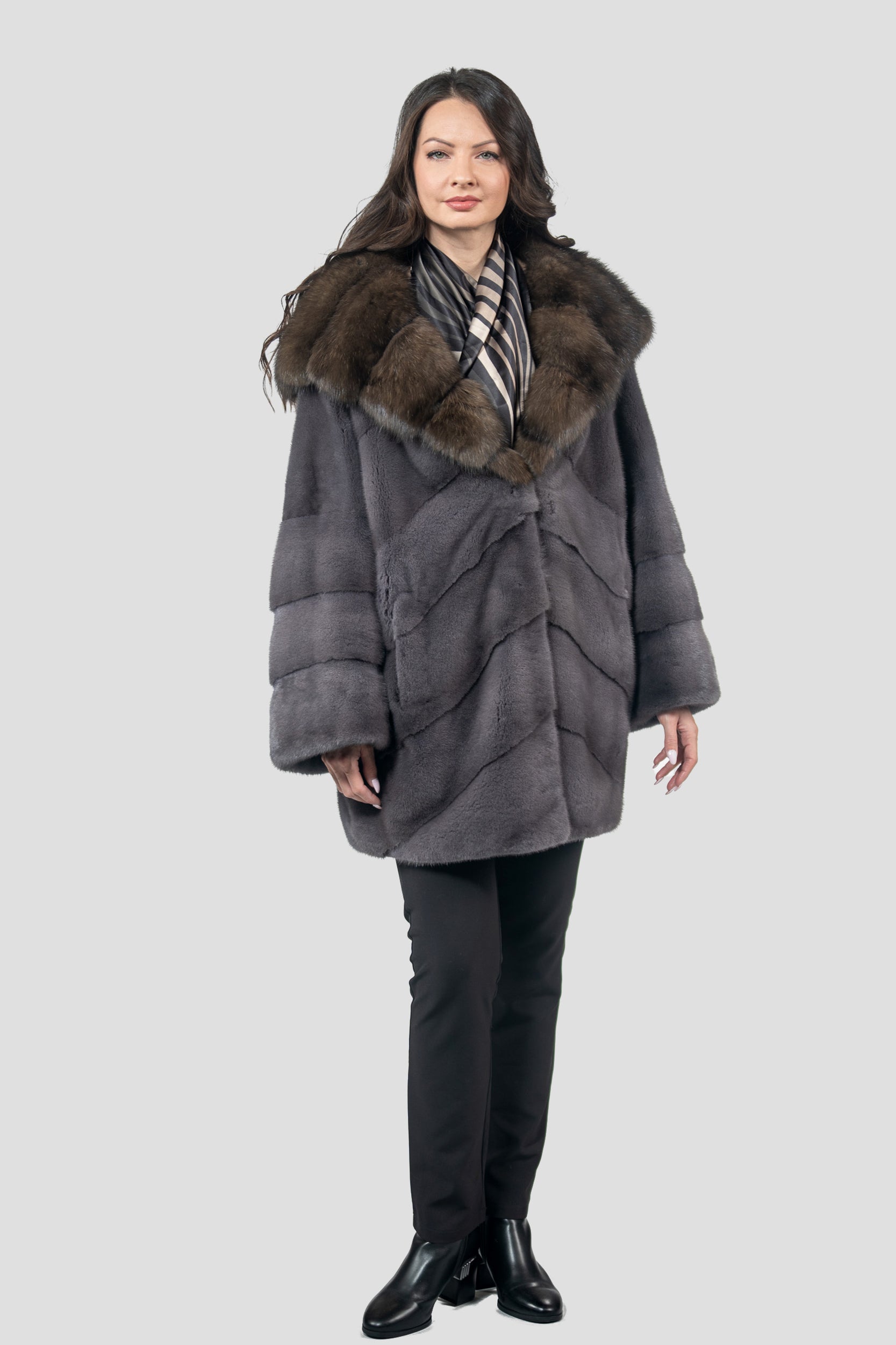 Grey Moon Mink Half Coat with Russian Sable Hood A/K850