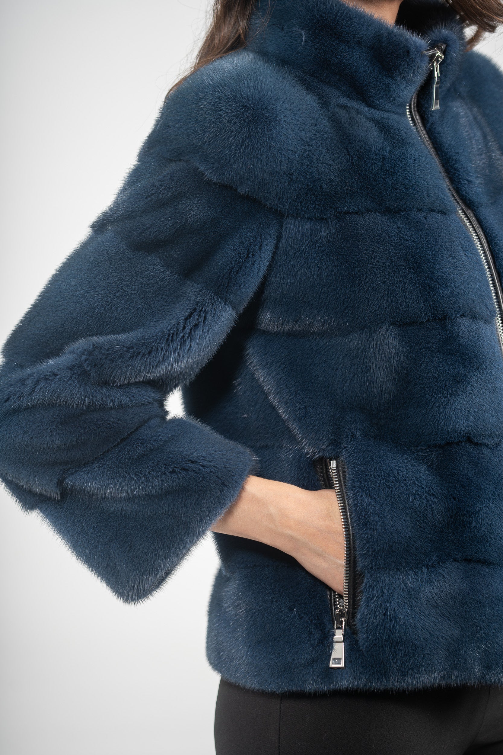 Blue Jean Mink Jacket with Stand Collar and Zipper P/K13C224