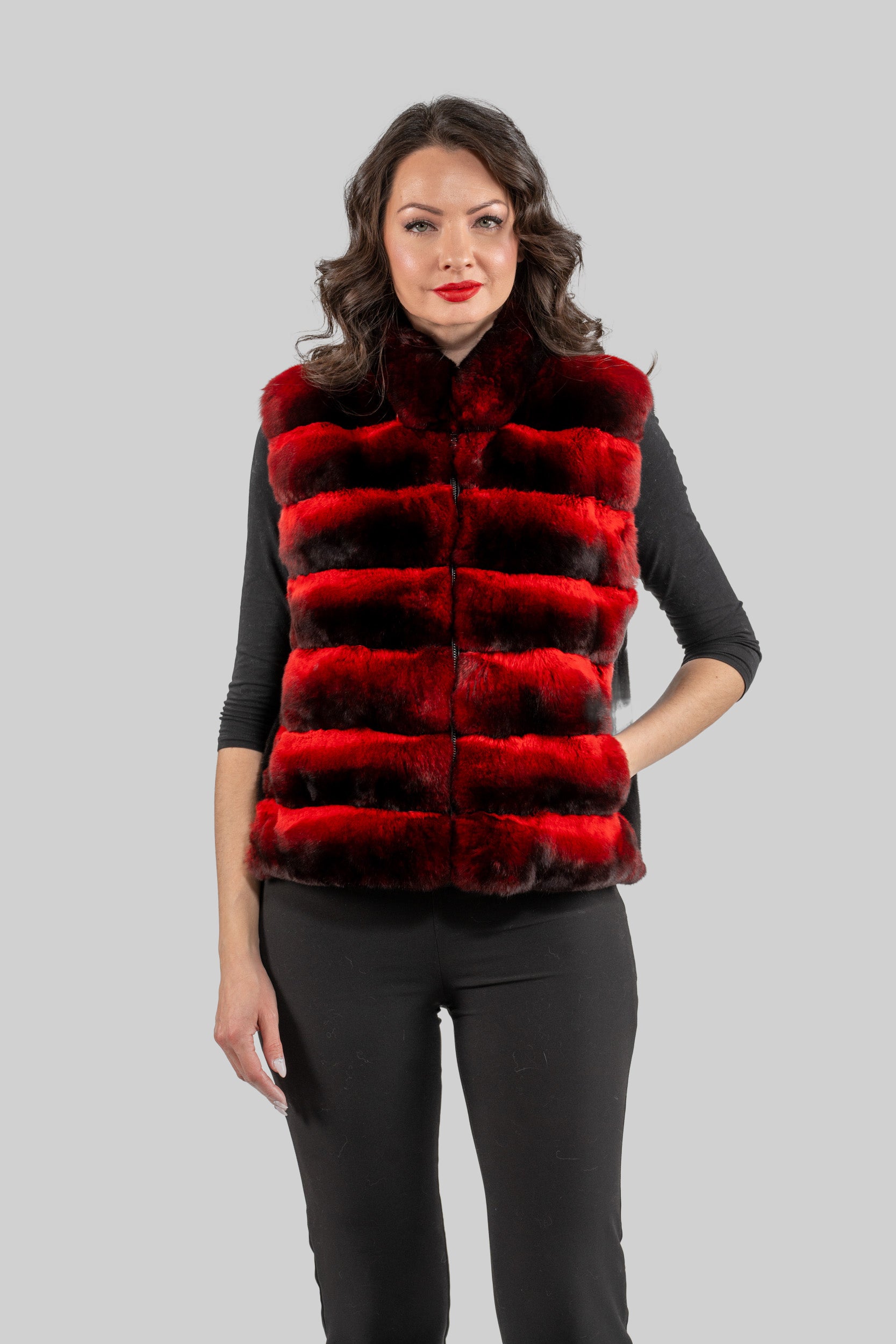 Red Chinchilla Vest with Stand Collar and Mink Trim P/K2201