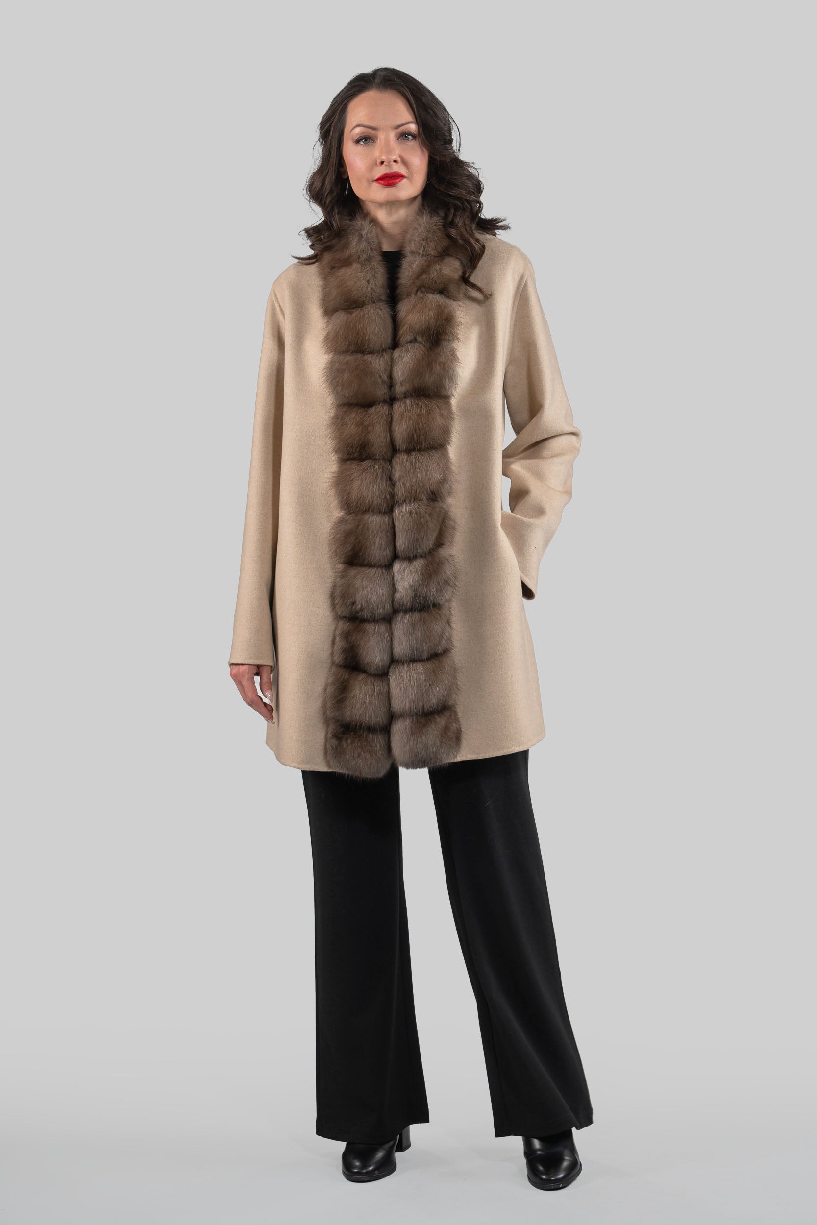 Ecru Cashmere Half Coat with Russian Sable Trim 21C6080