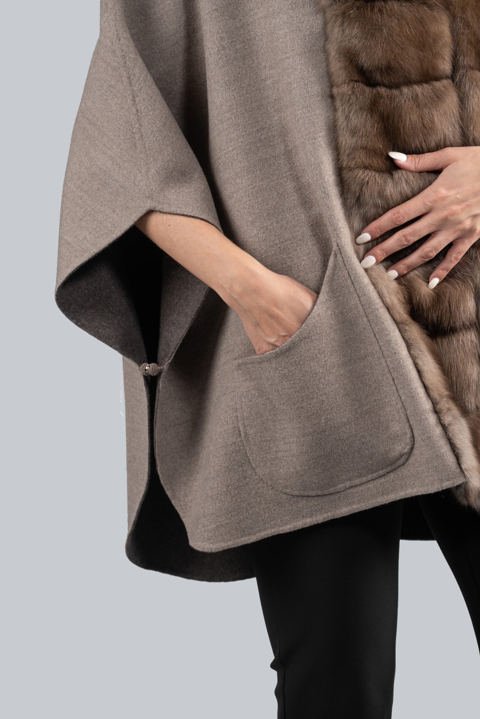Grey Brown Cashmere Cape with Russian Sable Trim 18M951