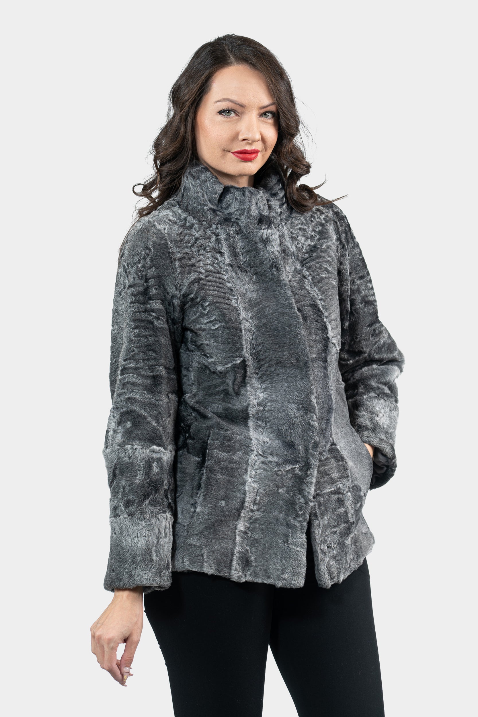 Gray Swakara Jacket with Stand Collar S/S13C528