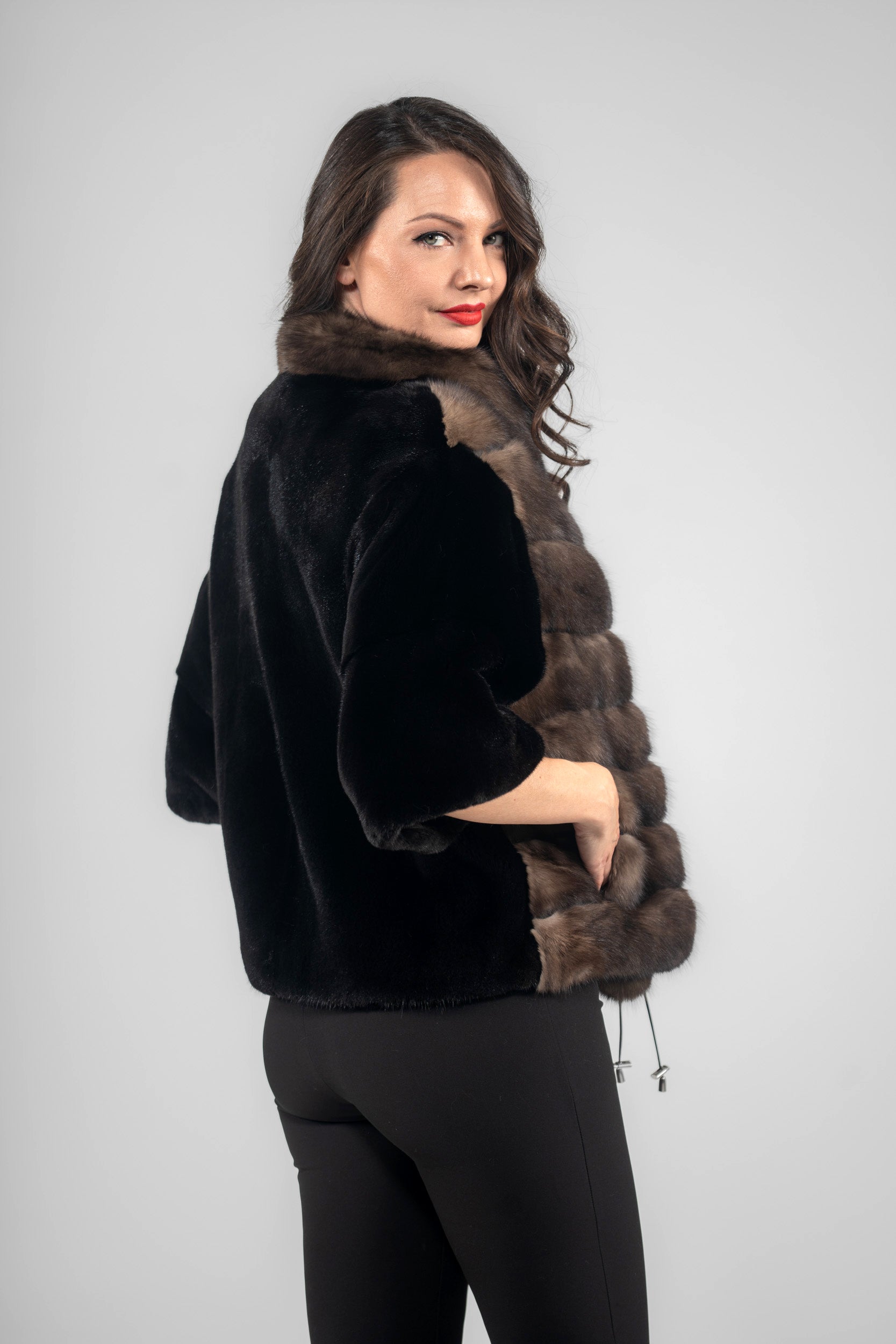 Short Sleeve Blackglama Mink Jacket with Stand Collar and Russian Sable Trim L/O16C728