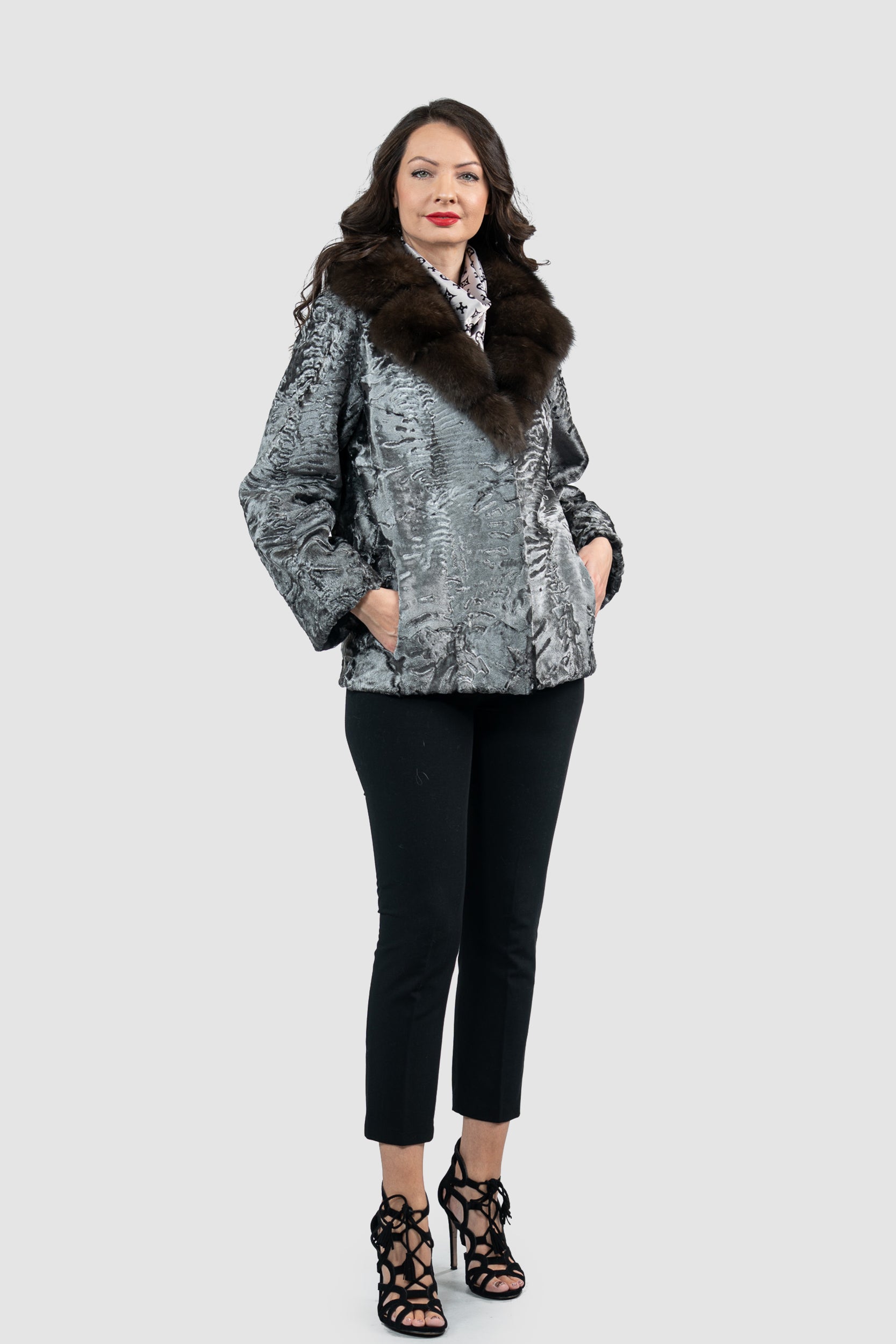 Silver Swakara Jacket with Russian Sable Notch Collar S/S13C528