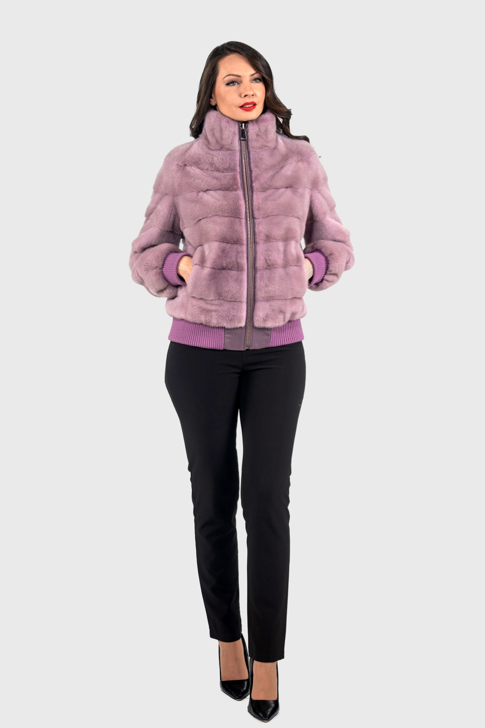 Violet Mink Bomber Jacket with Stand Collar P/K13C224