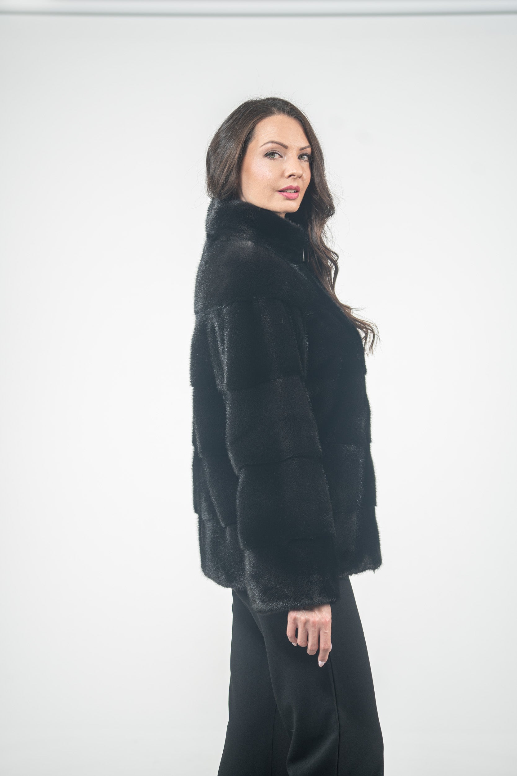 Black Mink Jacket with Stand Collar and Zipper P/K13C224
