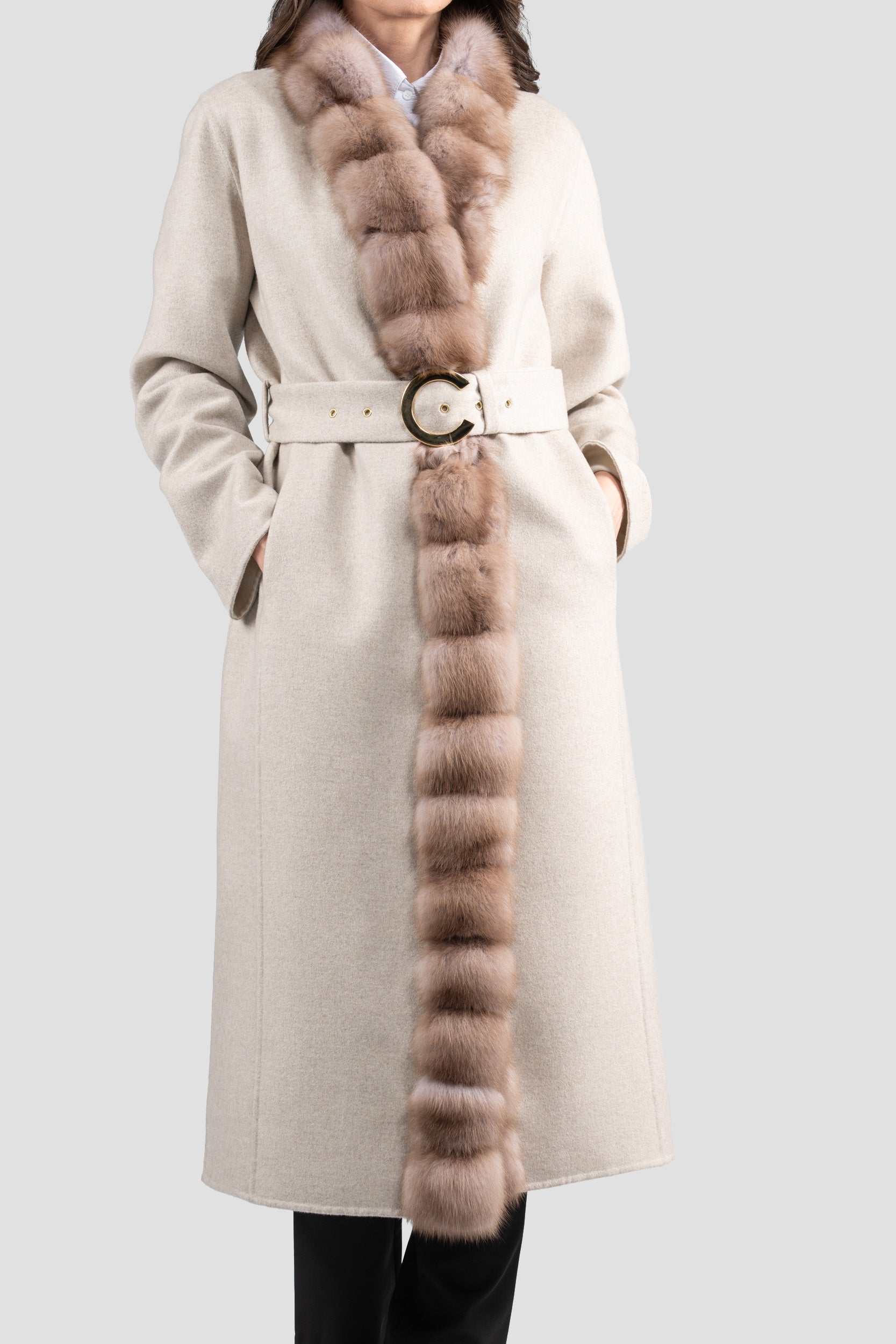 White Ecru Cashmere Coat with Russian Sable Trim 21C6080