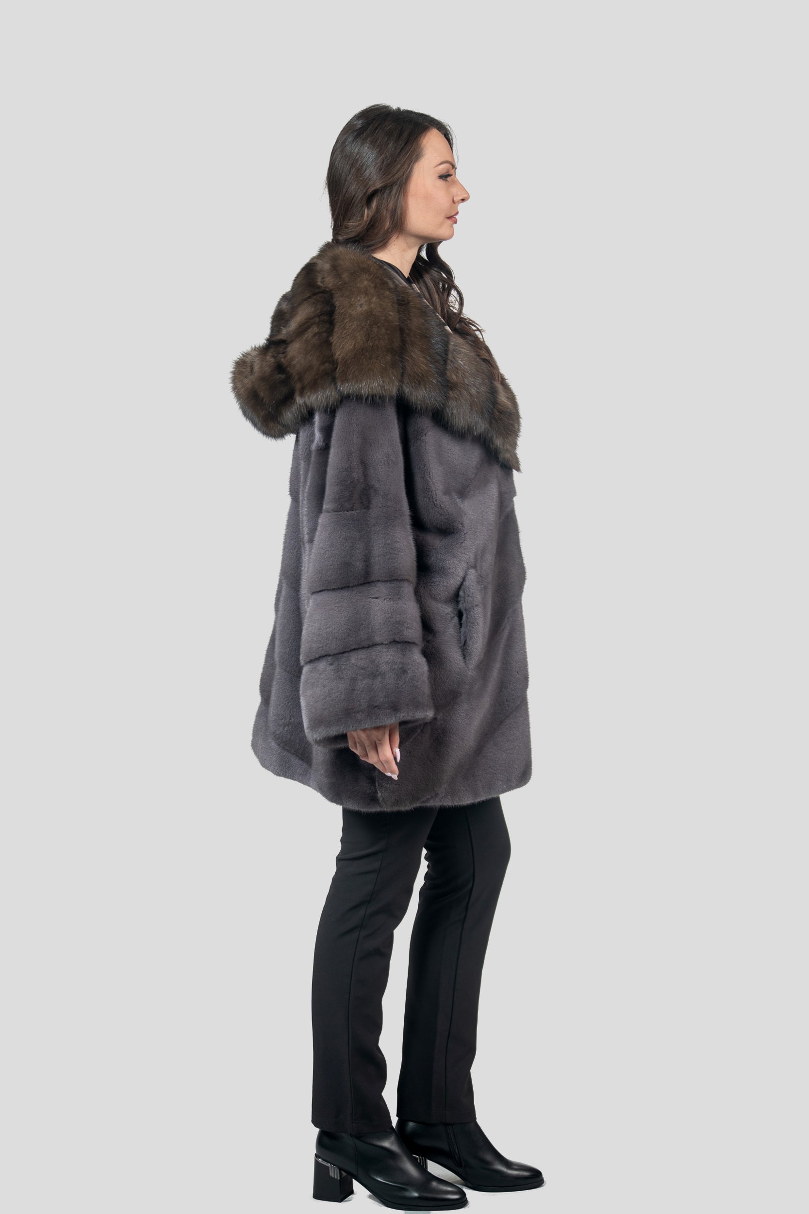 Grey Moon Mink Half Coat with Russian Sable Hood A/K850