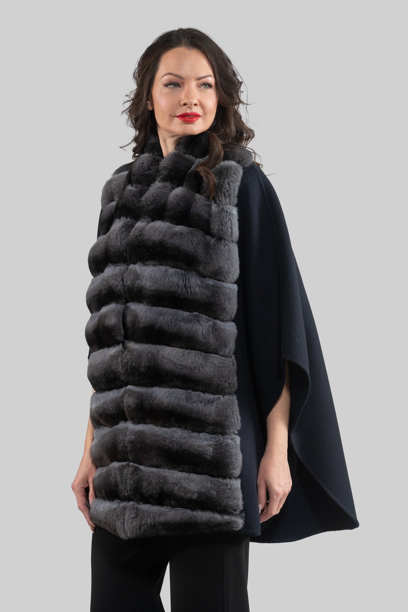 Blue Black Cashmere Cape with Oracle Chinchilla Trim 18M950