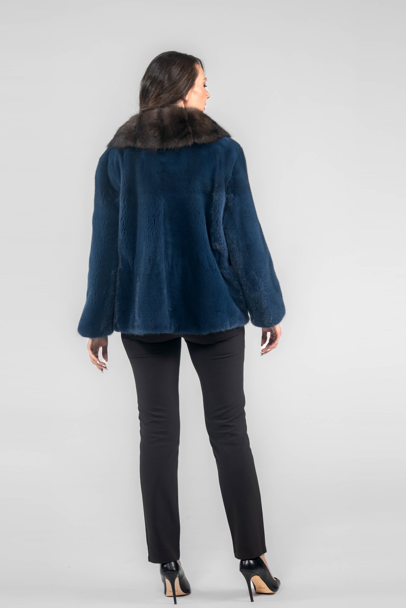 Blue Jean Mink Jacket with Extended Russian Sable Shawl Collar L/O19C123