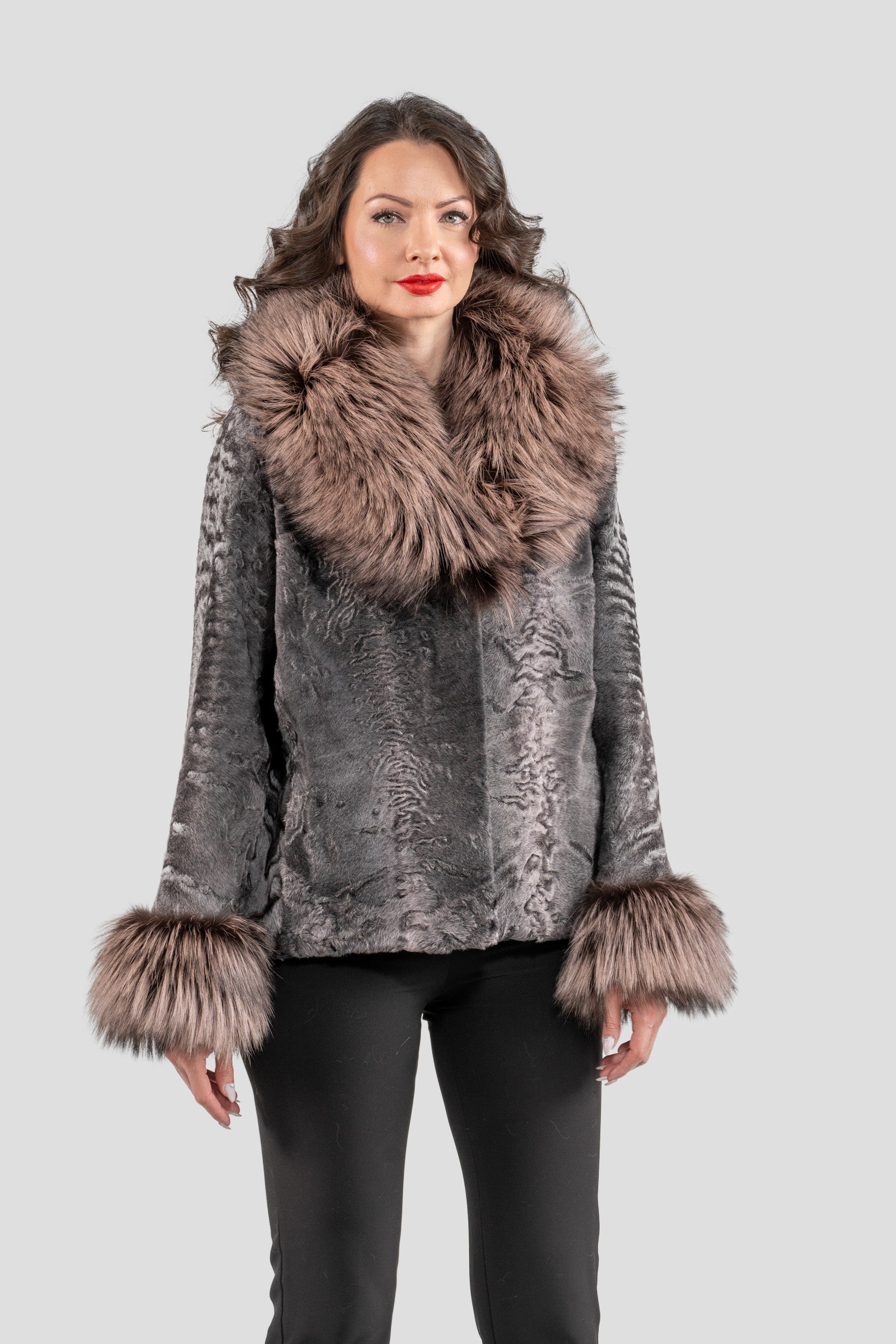 Grey Moon Swakara Jacket with Fox Fur Trim Notch Collar and Cuffs S/S13C528s20