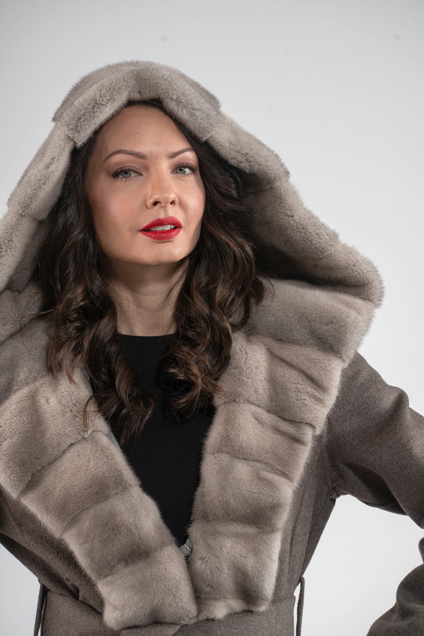 Grey Brown Cashmere Hooded Coat with Mink Trim 21C6080H540