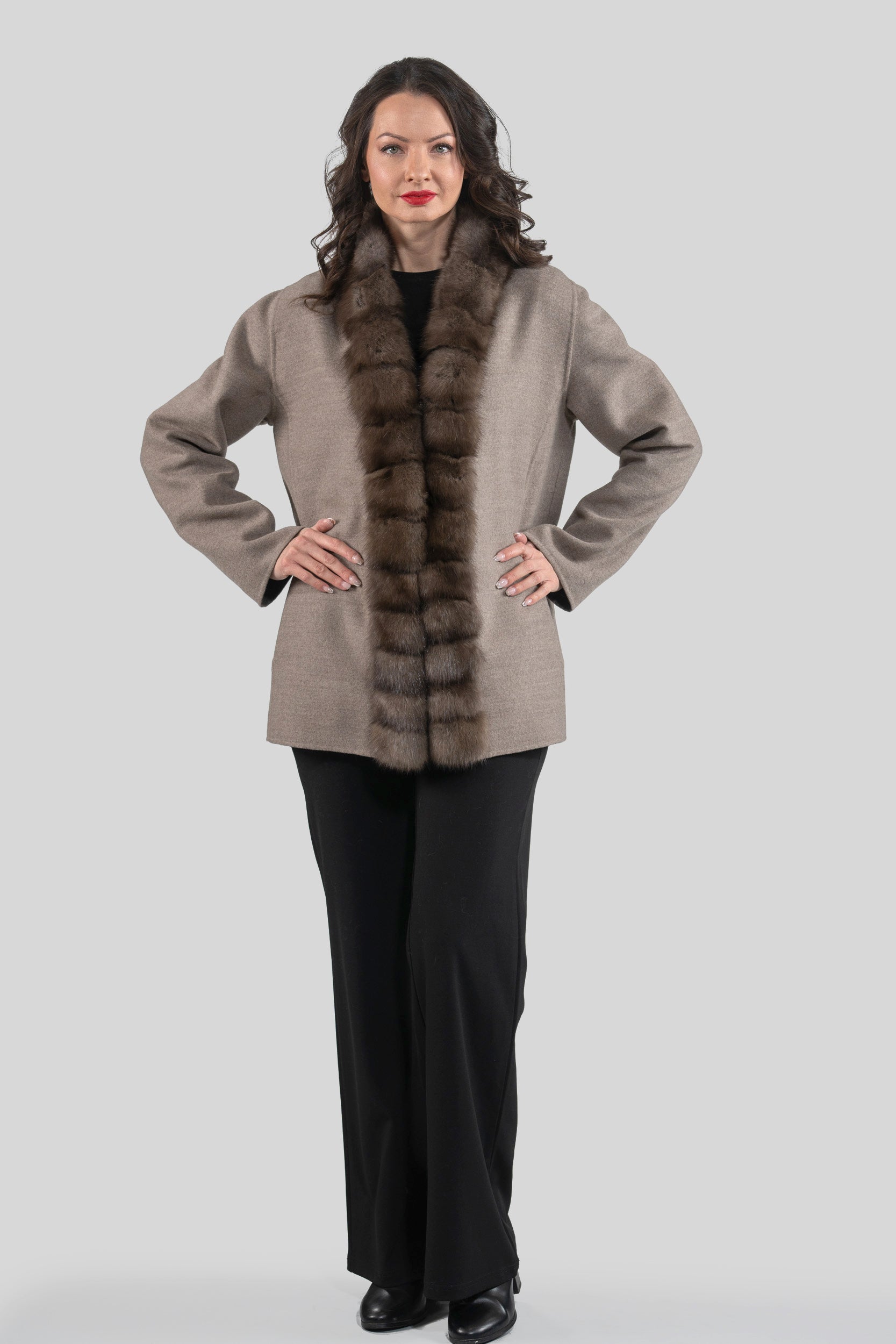 Grey Cashmere Wool Jacket with Russian Sable Trim 21C6080
