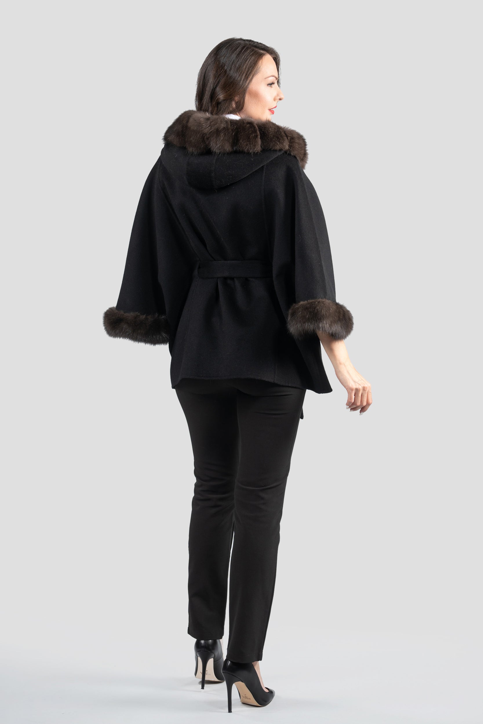 Black Cashmere Hooded Cape with Russian Sable Trim 2005H
