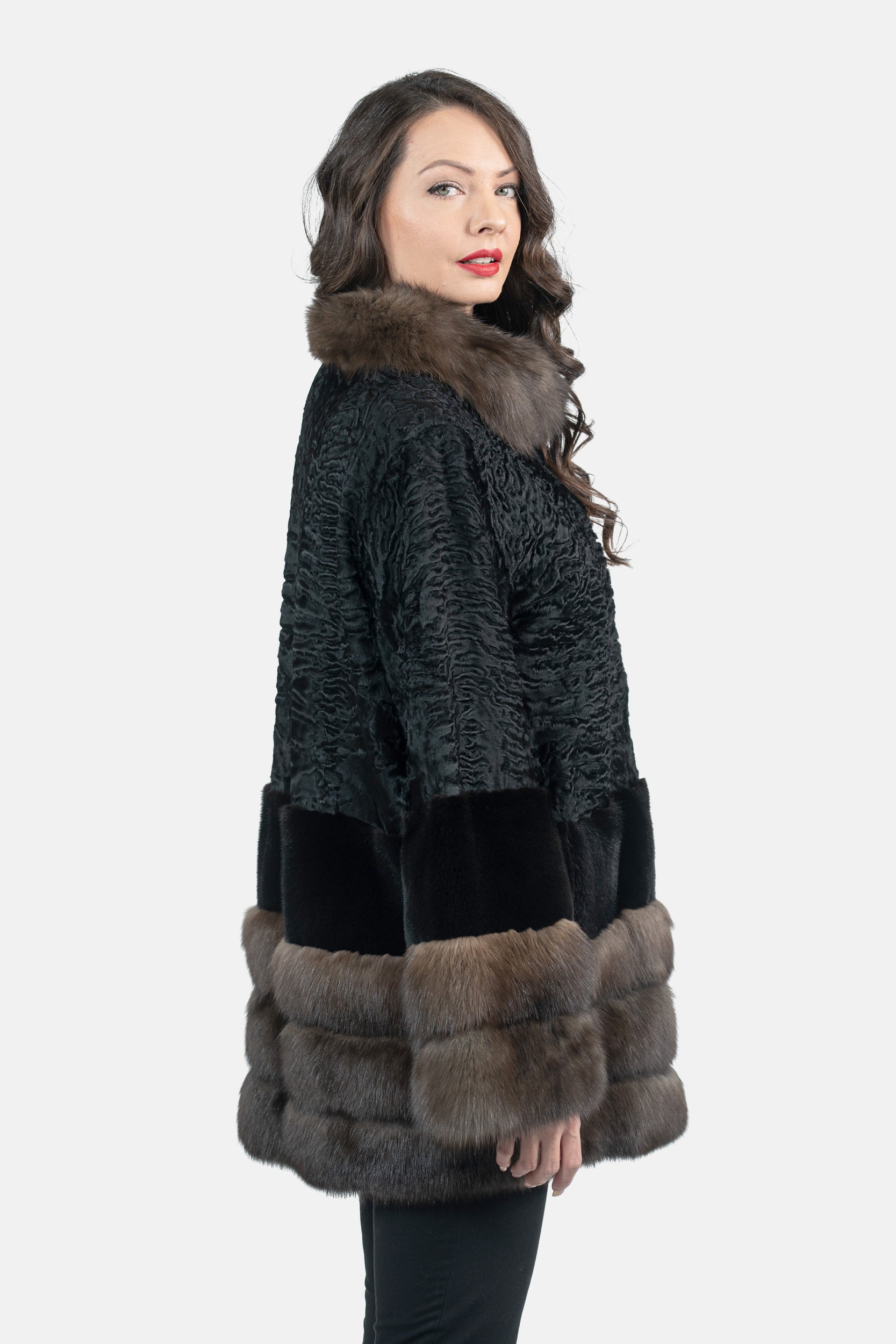 Black Swakara Half Coat with Mink and Russian Sable Trim S/SR/K16C777