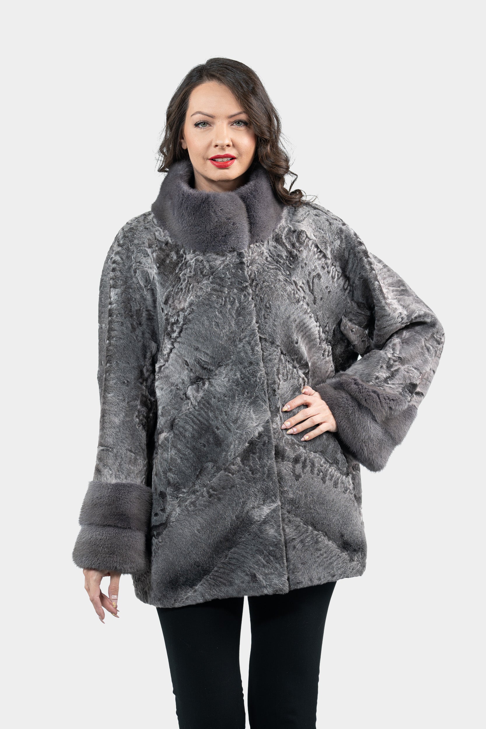 Grey Moon Swakara Half Coat with Mink Trim A/K13C848