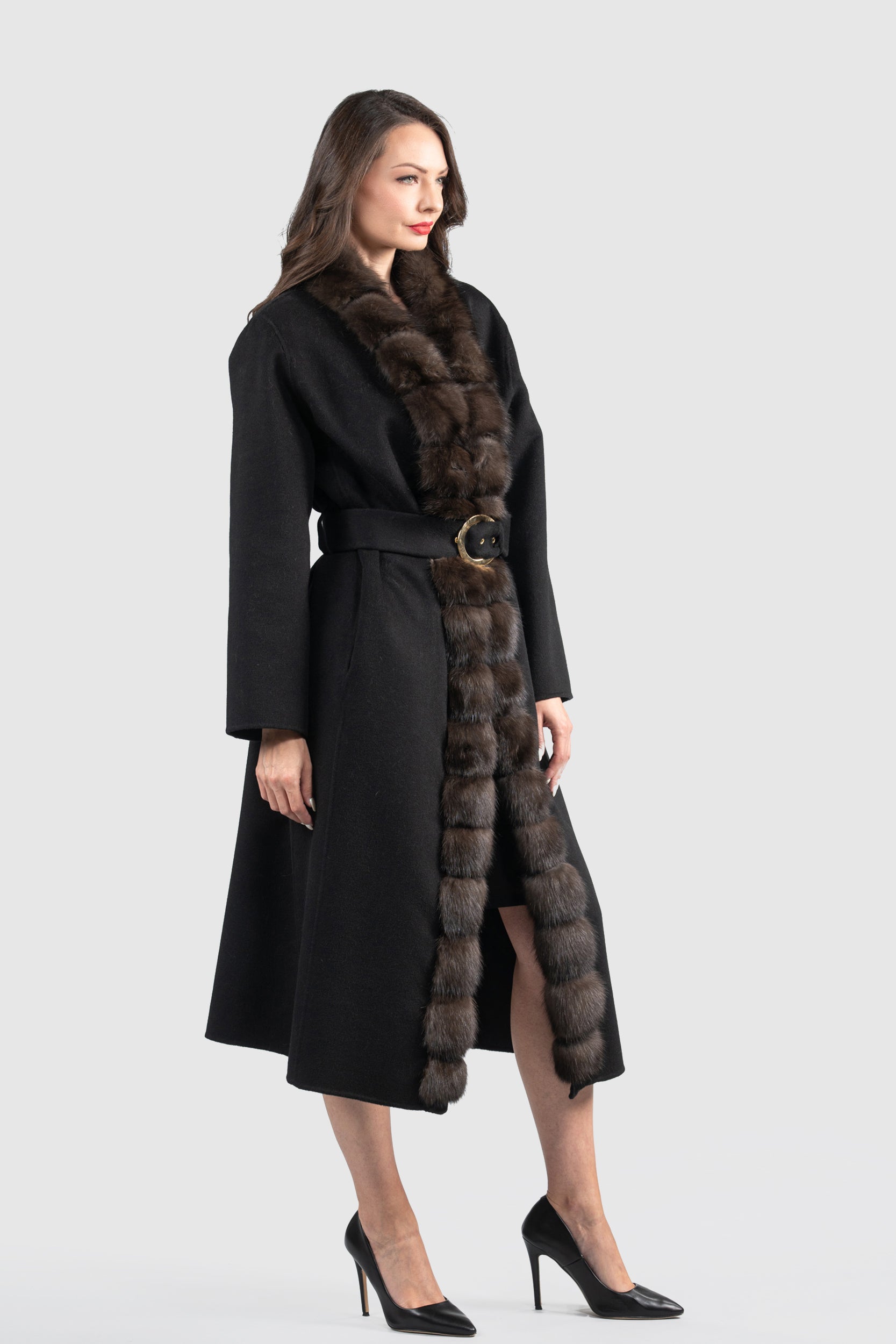 Black Cashmere Coat with Russian Sable Trim 21C6080