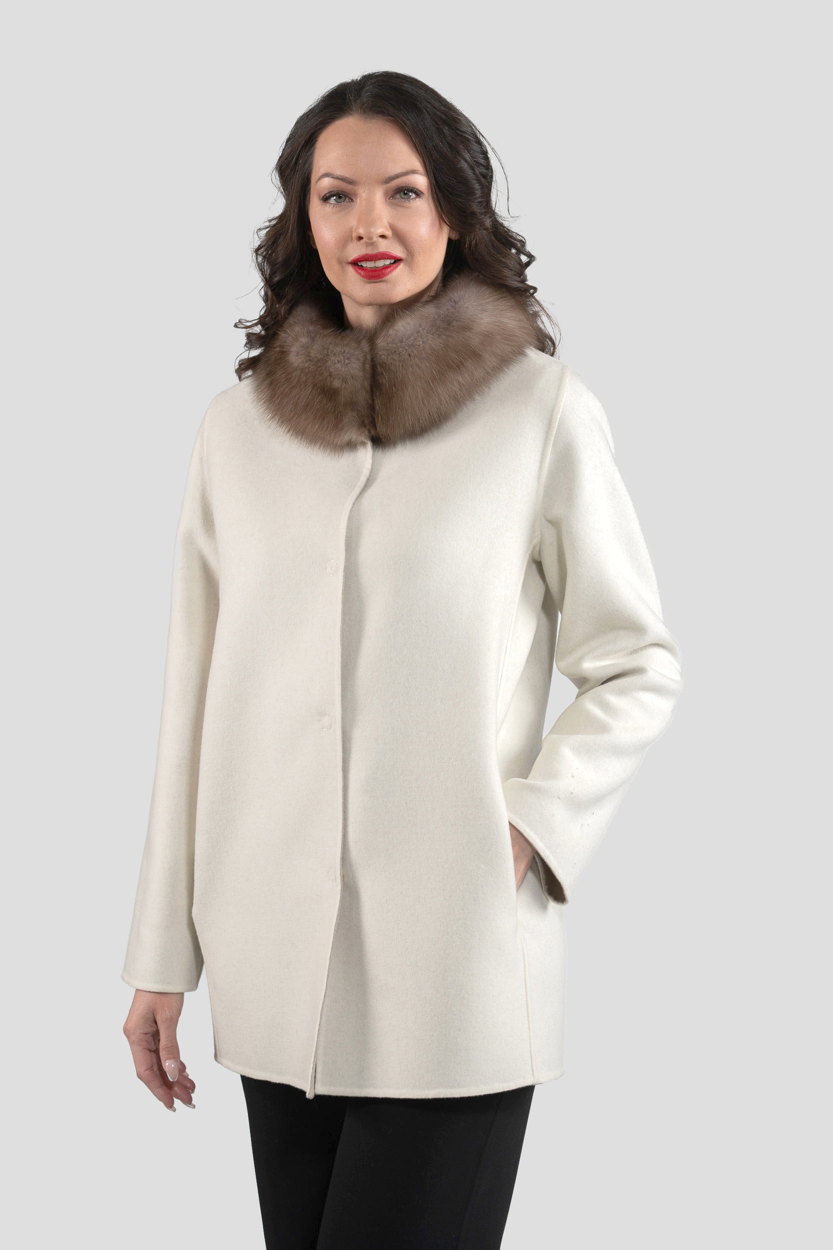 White Cashmere Jacket with Russian Sable Trimmed Stand Collar 17C8003G530