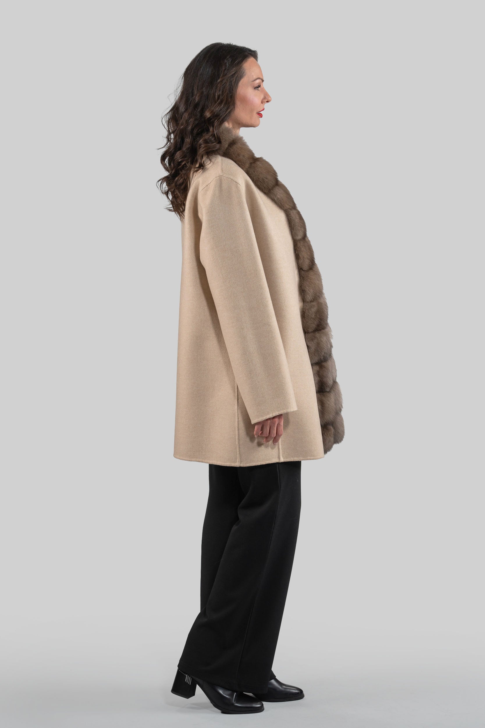 Ecru Cashmere Half Coat with Russian Sable Trim 21C6080