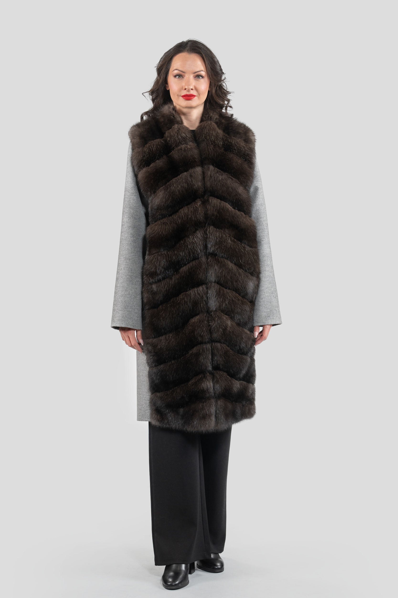 Grey Cashmere Half Coat with Russian Sable Trim 17C8003G530