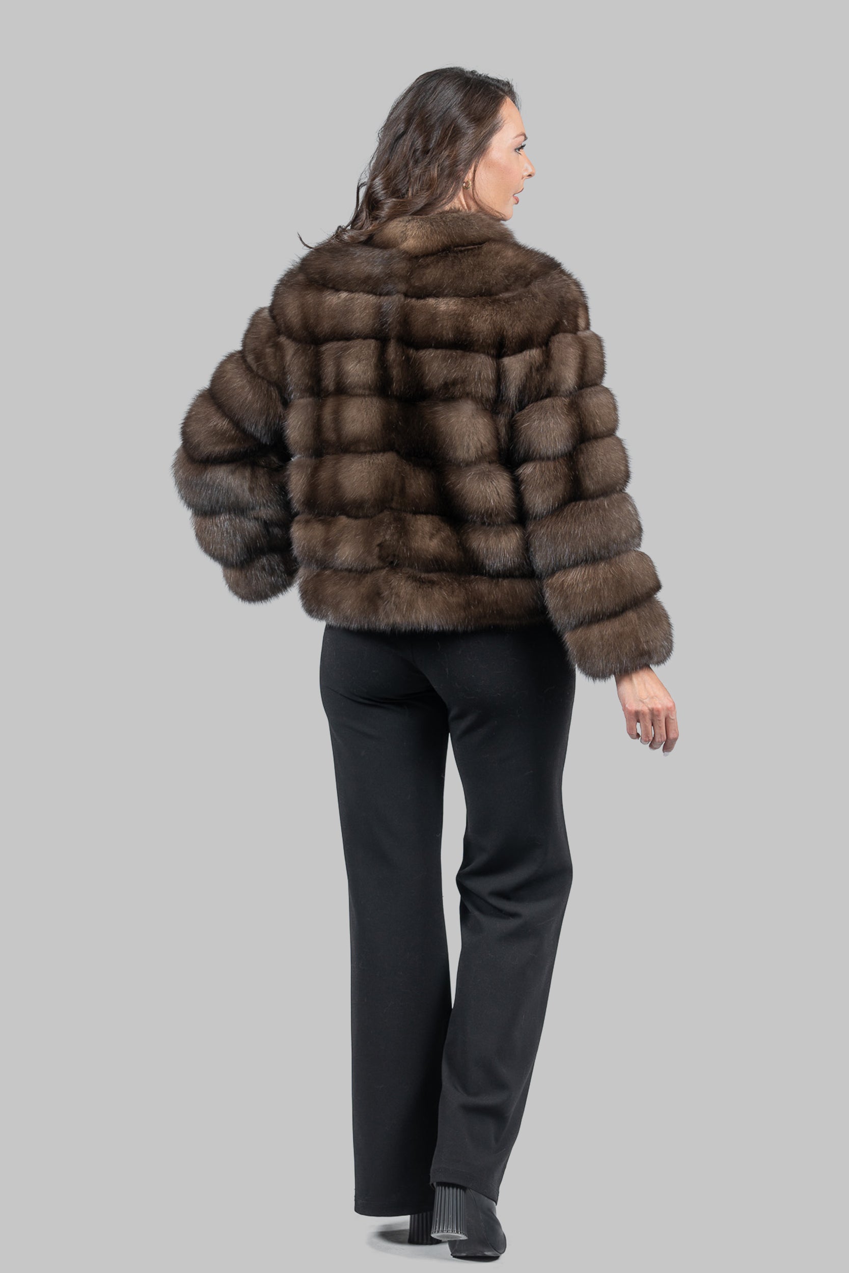 Graphite Russian Sable Cropped Jacket with Stand Collar P/K13C528