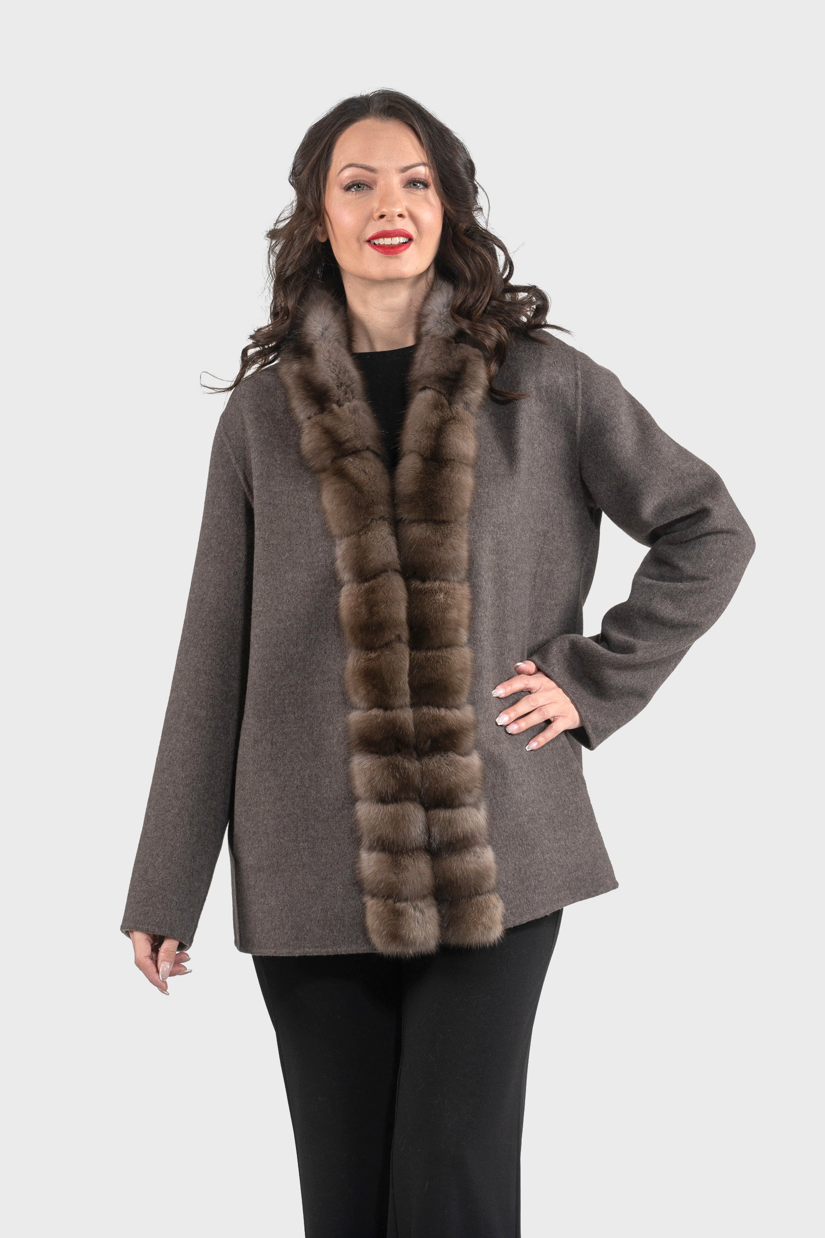 Grey Cashmere Wool Jacket with Russian Sable Trim 21C6080