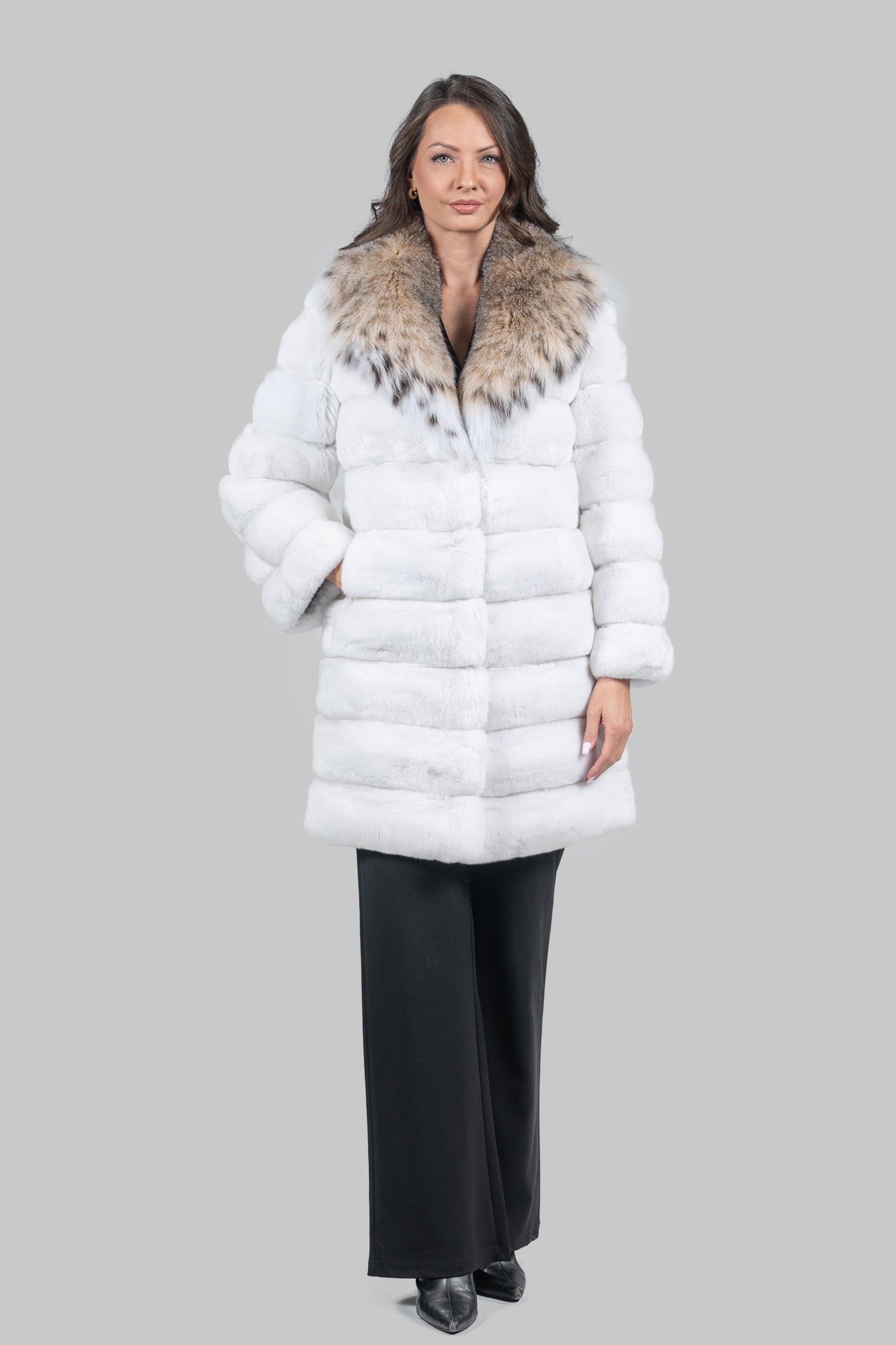 Pure White Chinchilla Half Coat with Bobcat Fur Collar P/K13c530s20